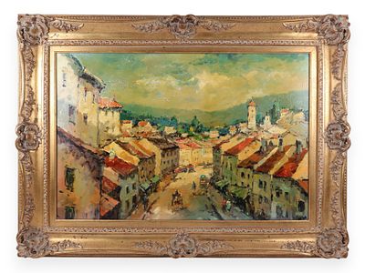 T. Cole, European Street Scene with Figures and Carriages, Oil on Canvas (Signed). This work is 