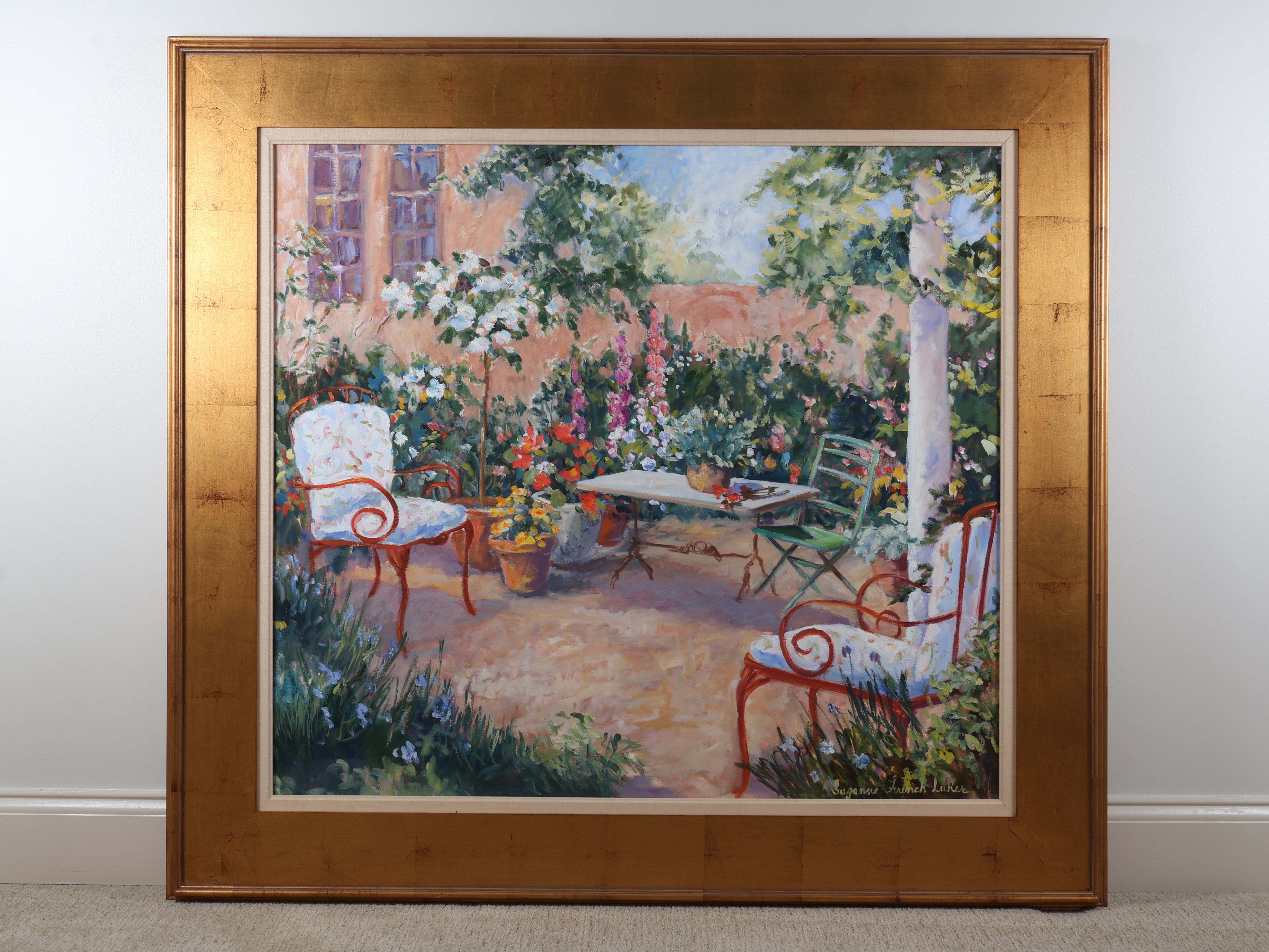 Suzanne French Luker (American, 20th Century) Oil on Canvas, Red Patio Chairs, 1986