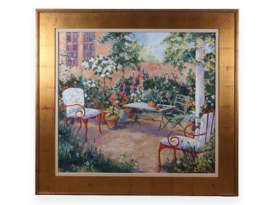 Suzanne French Luker (American, 20th Century) Oil on Canvas, Red Patio Chairs, 1986. This 