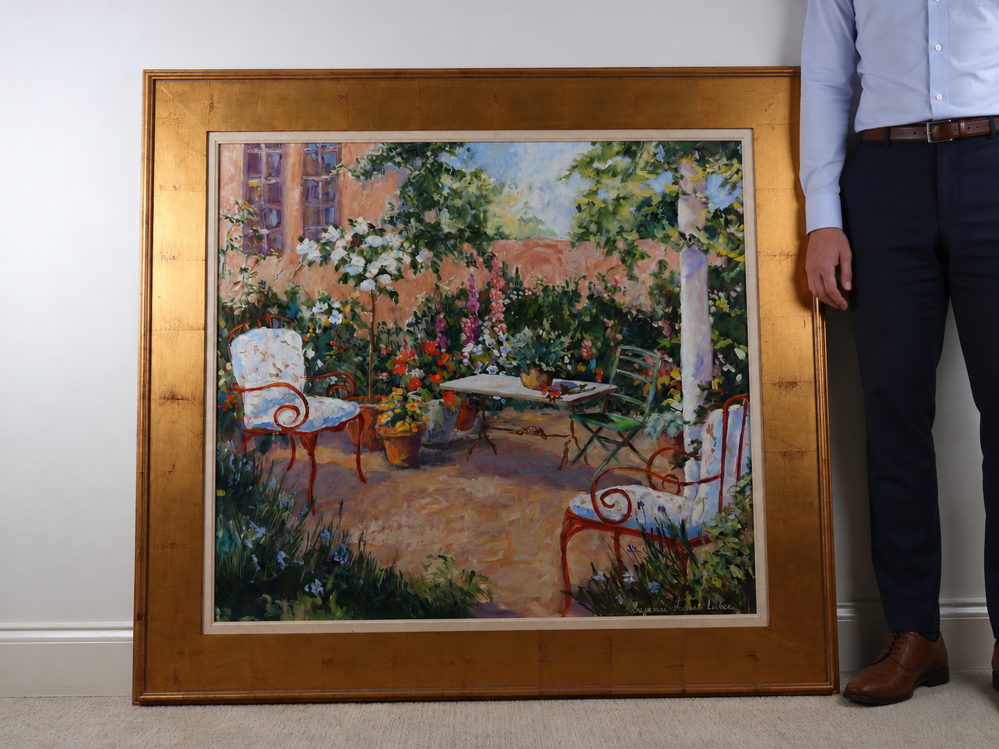 Suzanne French Luker (American, 20th Century) Oil on Canvas, Red Patio Chairs, 1986