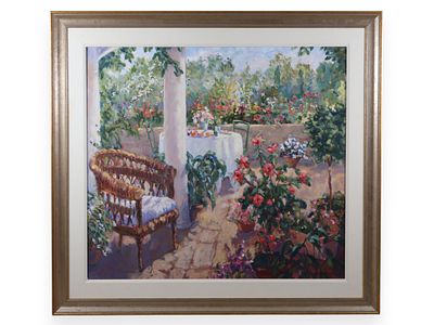 Suzanne French Luker, Lunch in the Garden, Large Oil on Canvas. This large-scale oil painting on 