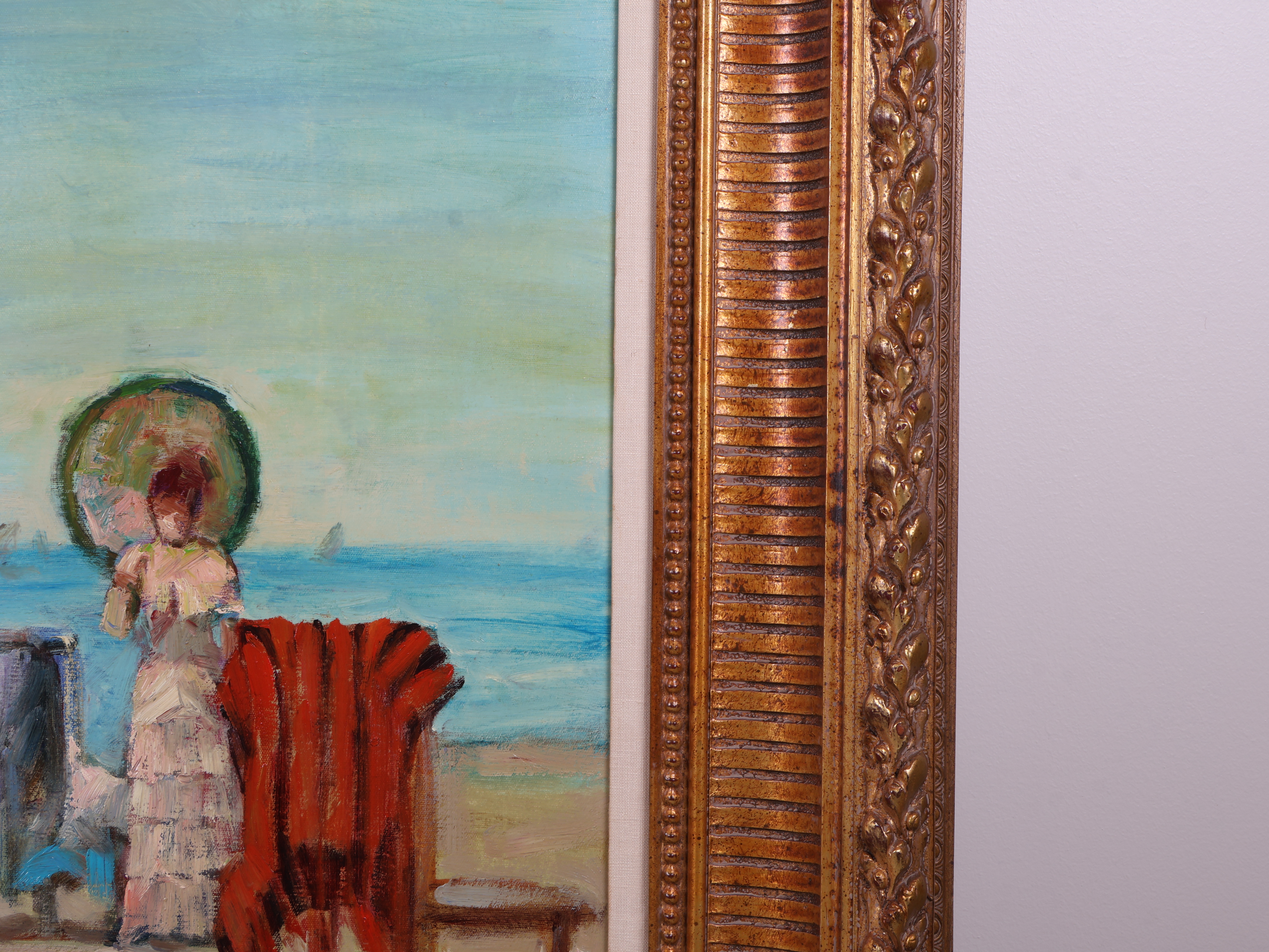 J. Deveau, Large Impressionist Style Beach Scene with Figures, Oil on Canvas