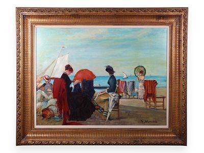 J. Deveau, Large Impressionist Style Beach Scene with Figures, Oil on Canvas. This large-scale 