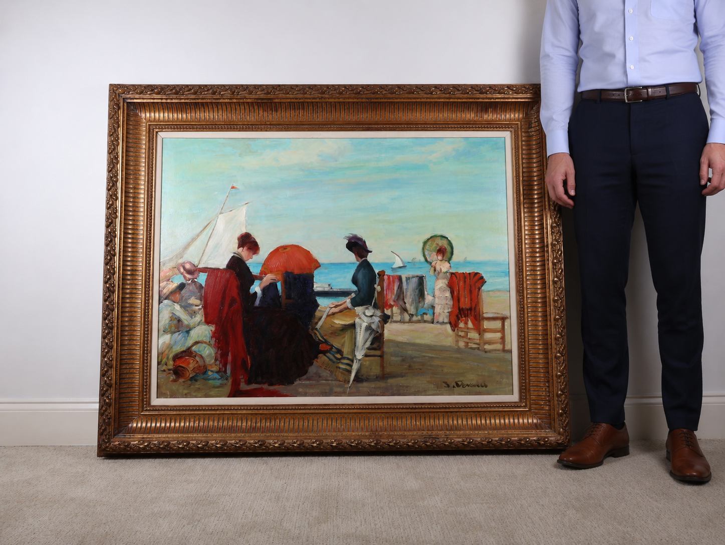 J. Deveau, Large Impressionist Style Beach Scene with Figures, Oil on Canvas