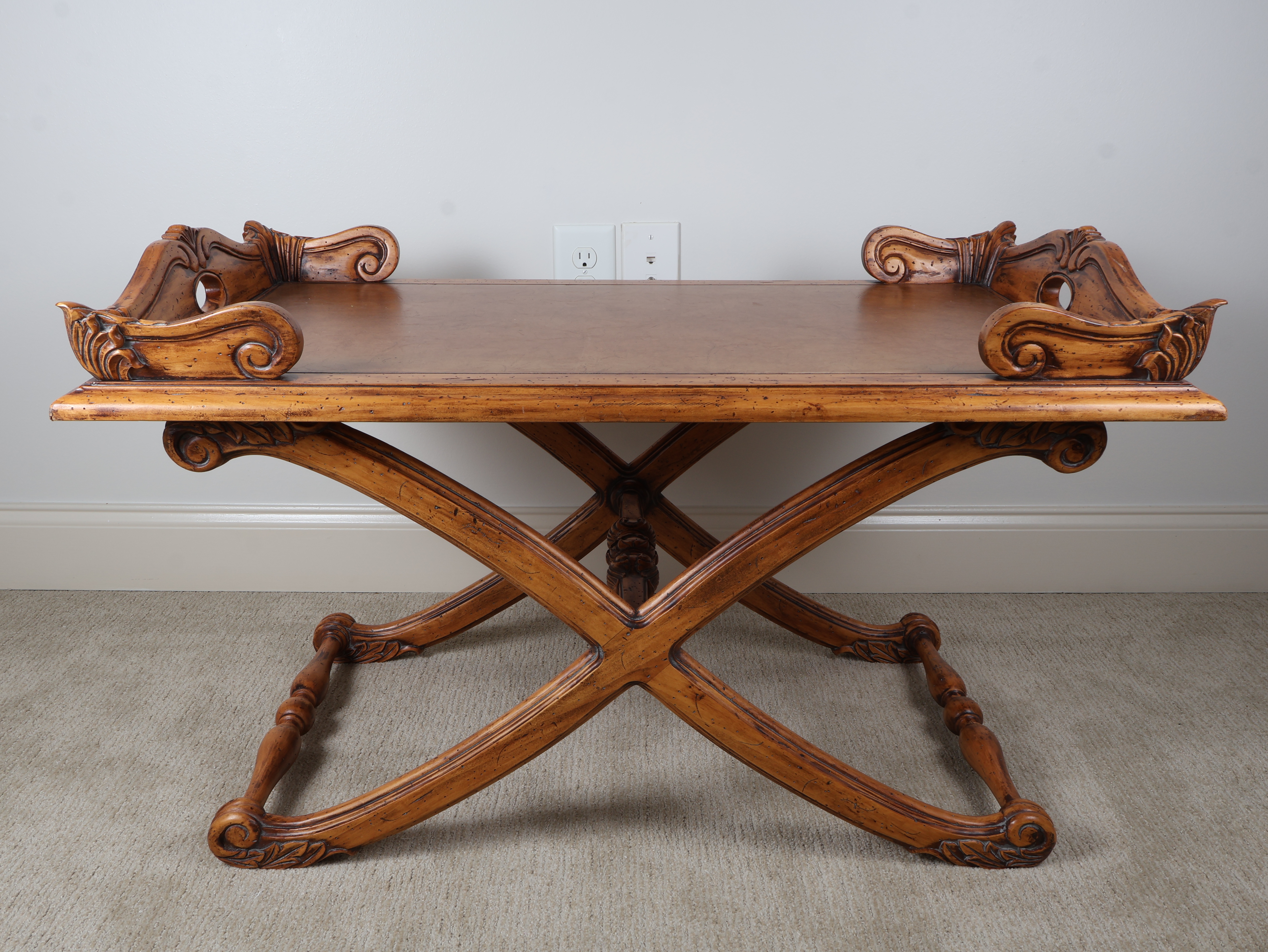 Renaissance Revival Style Carved Wood Curule-Base Low Table