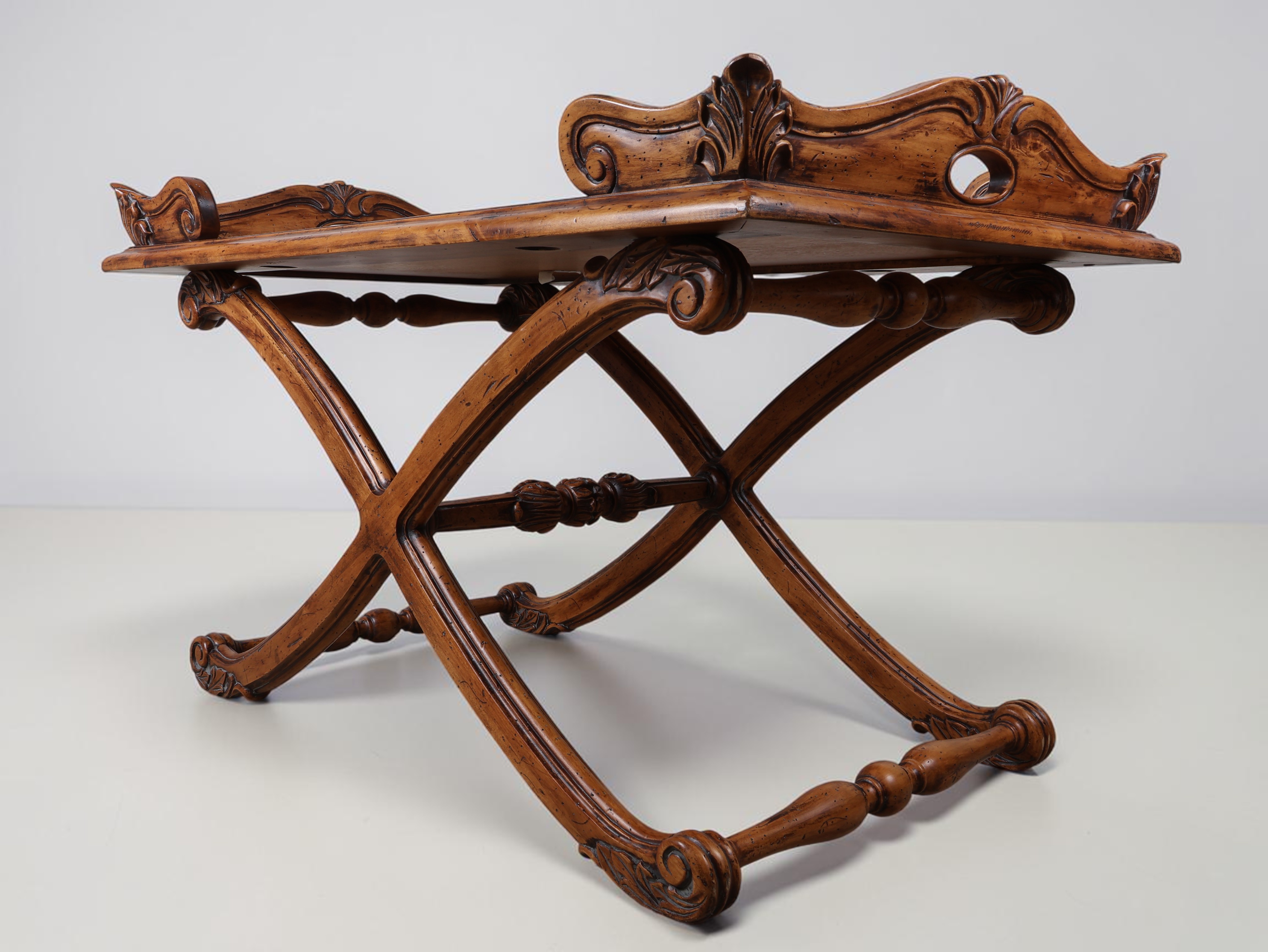 Renaissance Revival Style Carved Wood Curule-Base Low Table