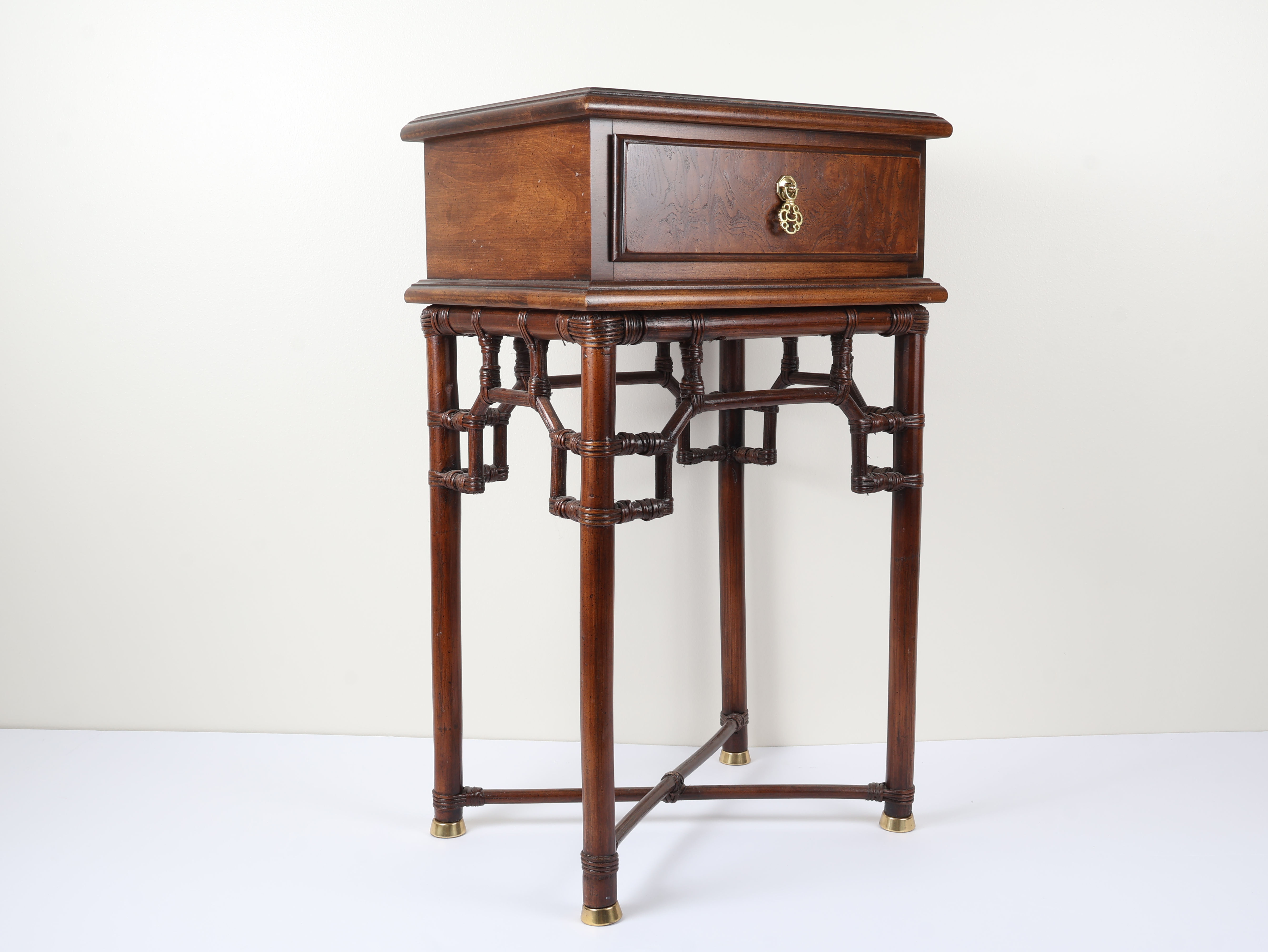 Chinoiserie Style Mahogany Finished Faux Bamboo Side Table