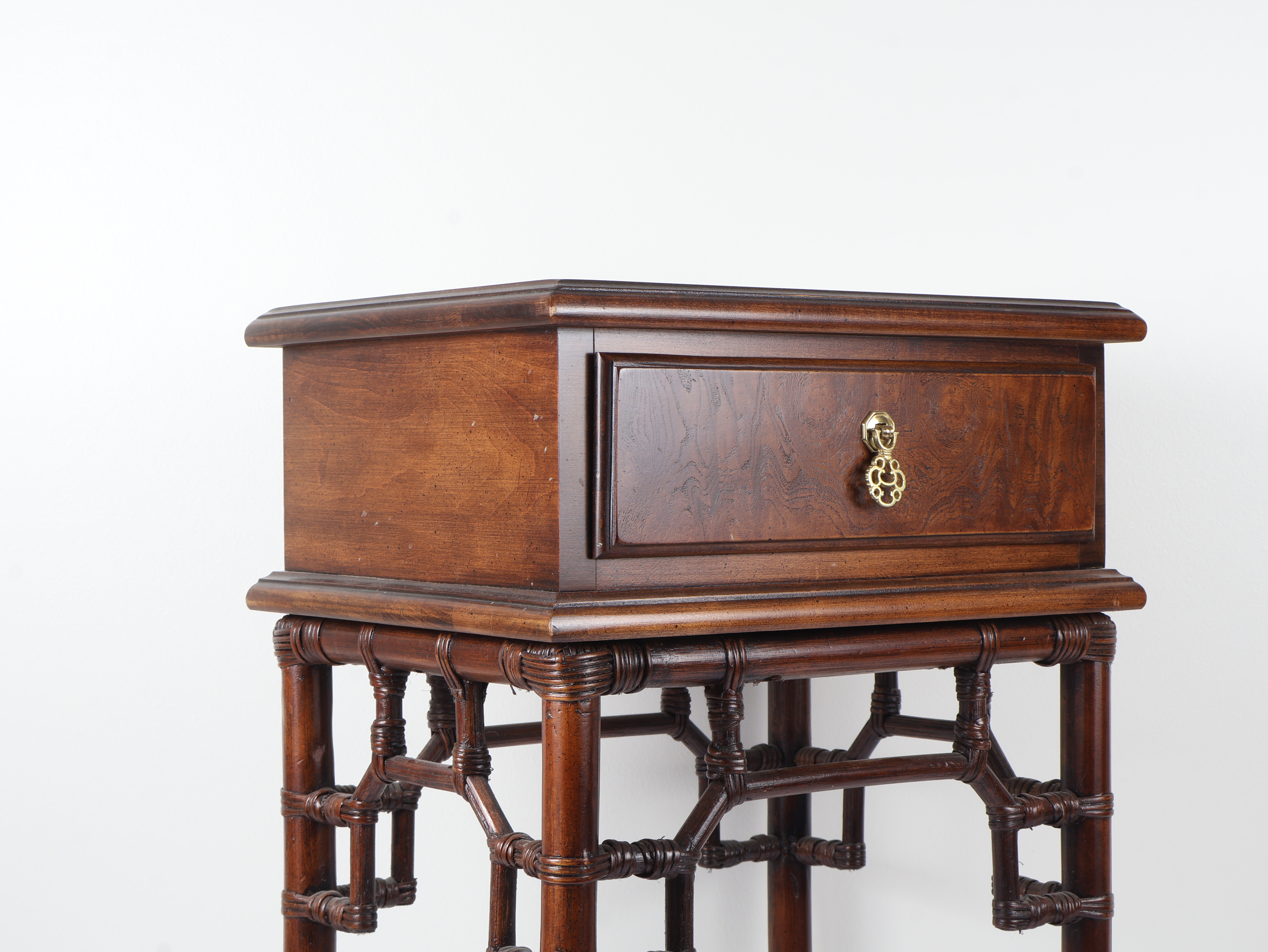 Chinoiserie Style Mahogany Finished Faux Bamboo Side Table