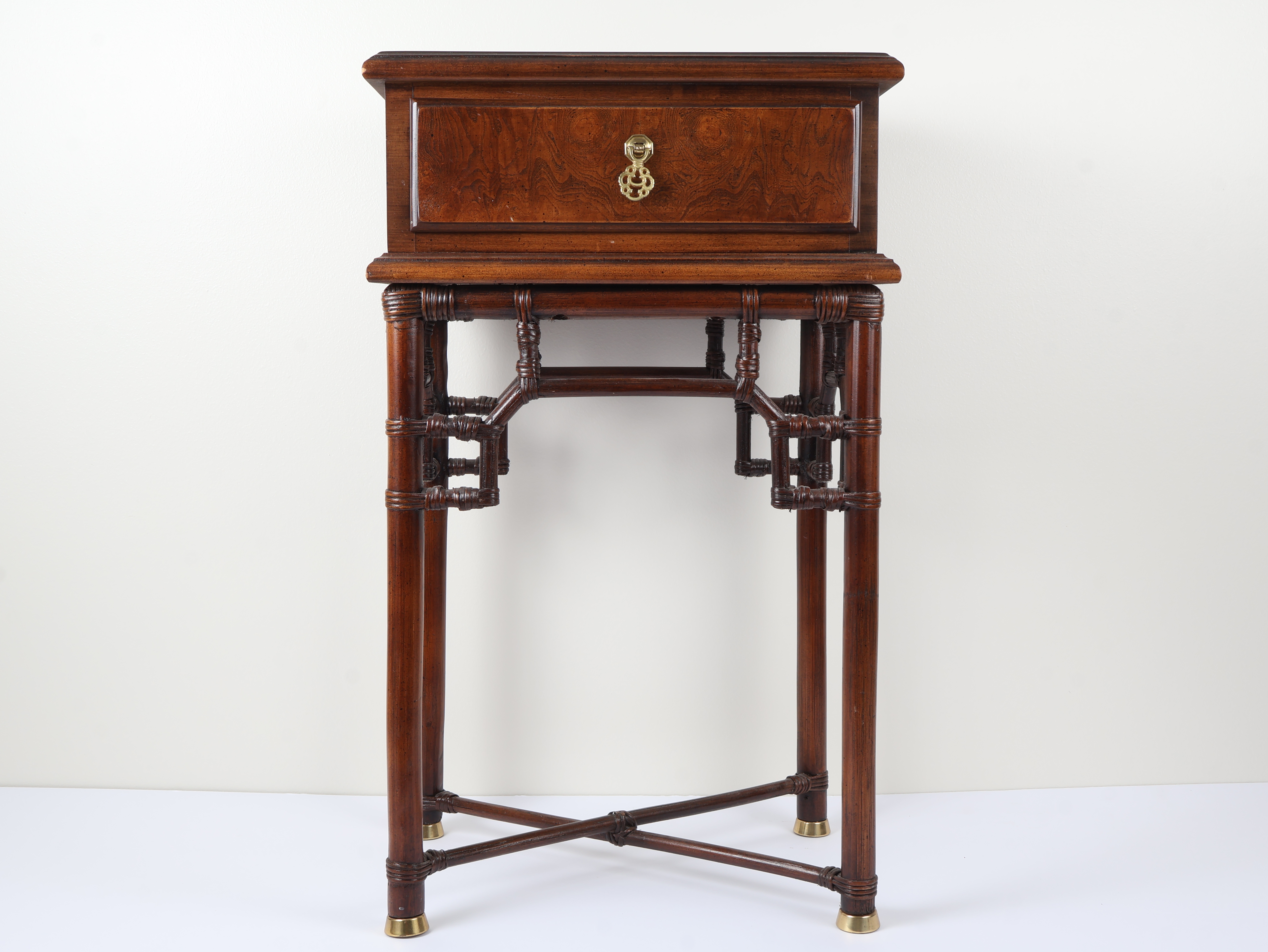 Chinoiserie Style Mahogany Finished Faux Bamboo Side Table