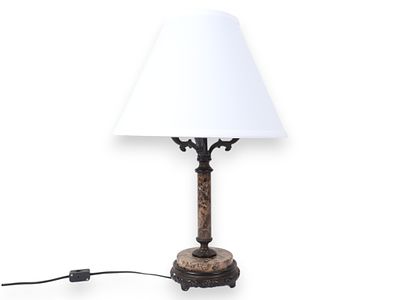 Triple-Light Marble and Metal Table Lamp. A triple-light table lamp featuring a dark brown 