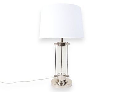Modern Silver Toned Metal and Acrylic Table Lamp. A modern table lamp featuring a polished 