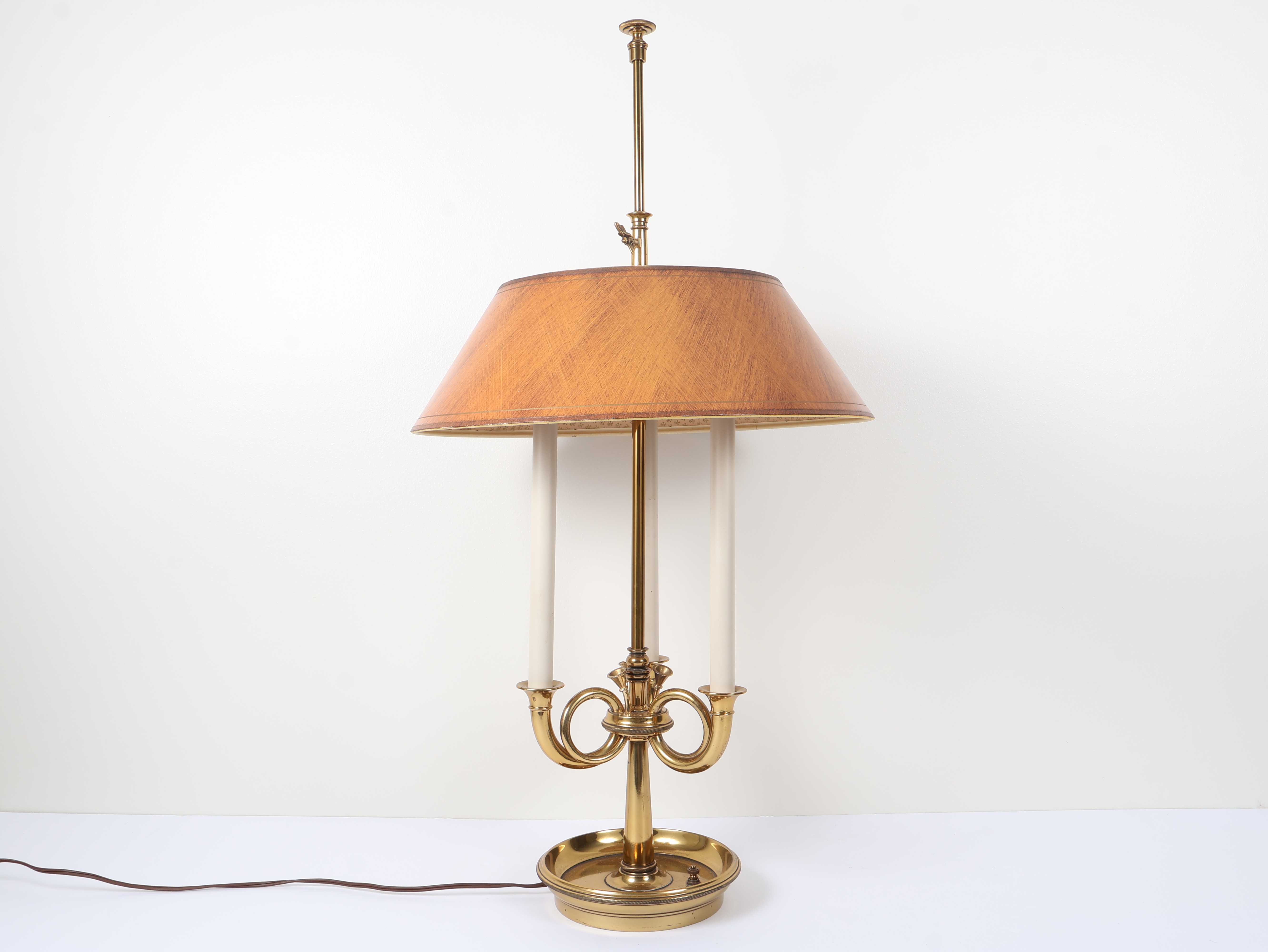 Three Light Brass Bouillotte Lamp with Adjustable Faux Bois Shade
