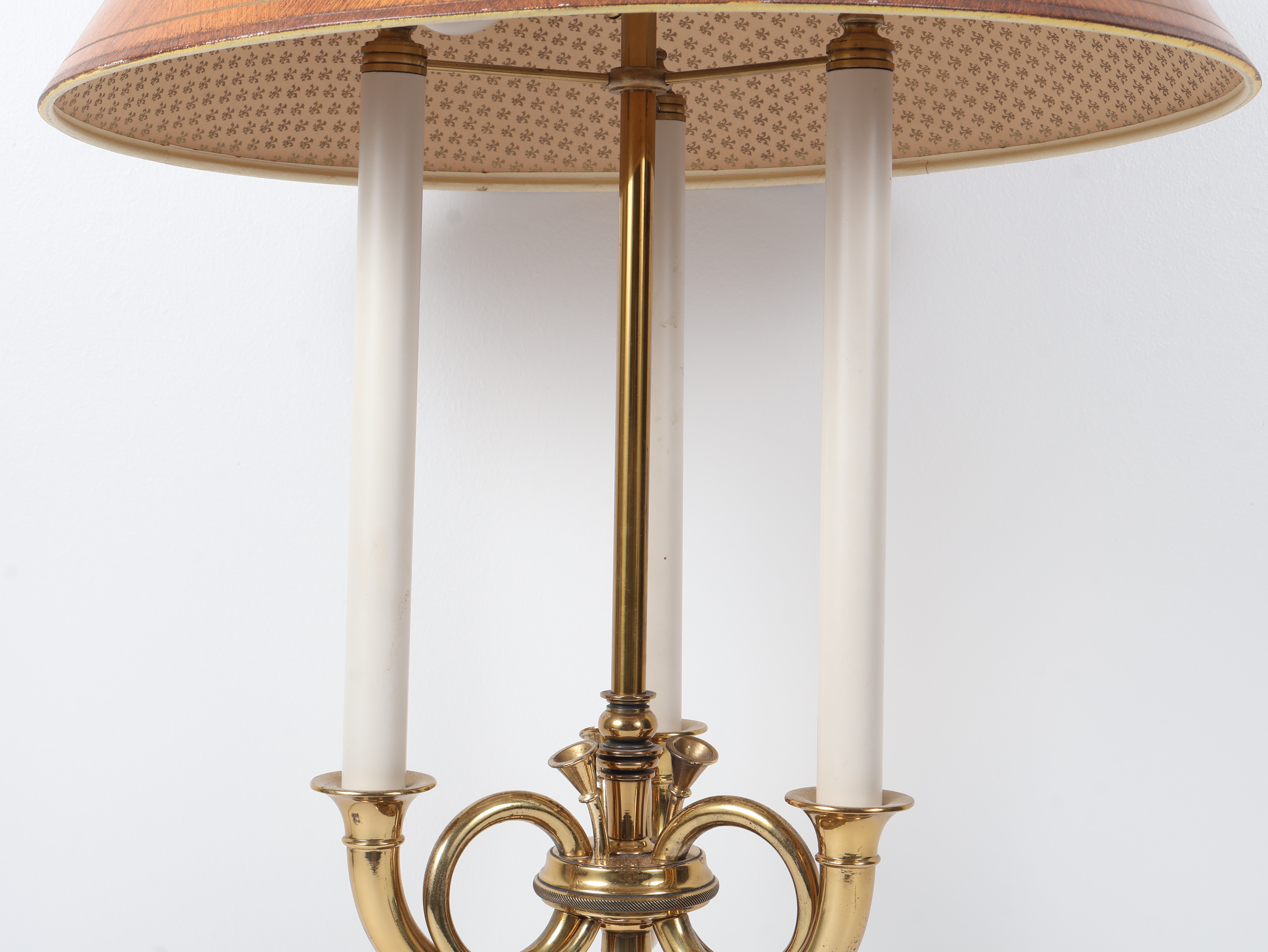Three Light Brass Bouillotte Lamp with Adjustable Faux Bois Shade