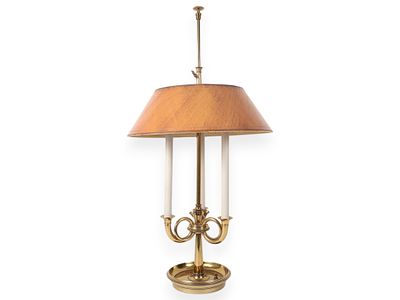 Three Light Brass Bouillotte Lamp with Adjustable Faux Bois Shade. A three light brass 
