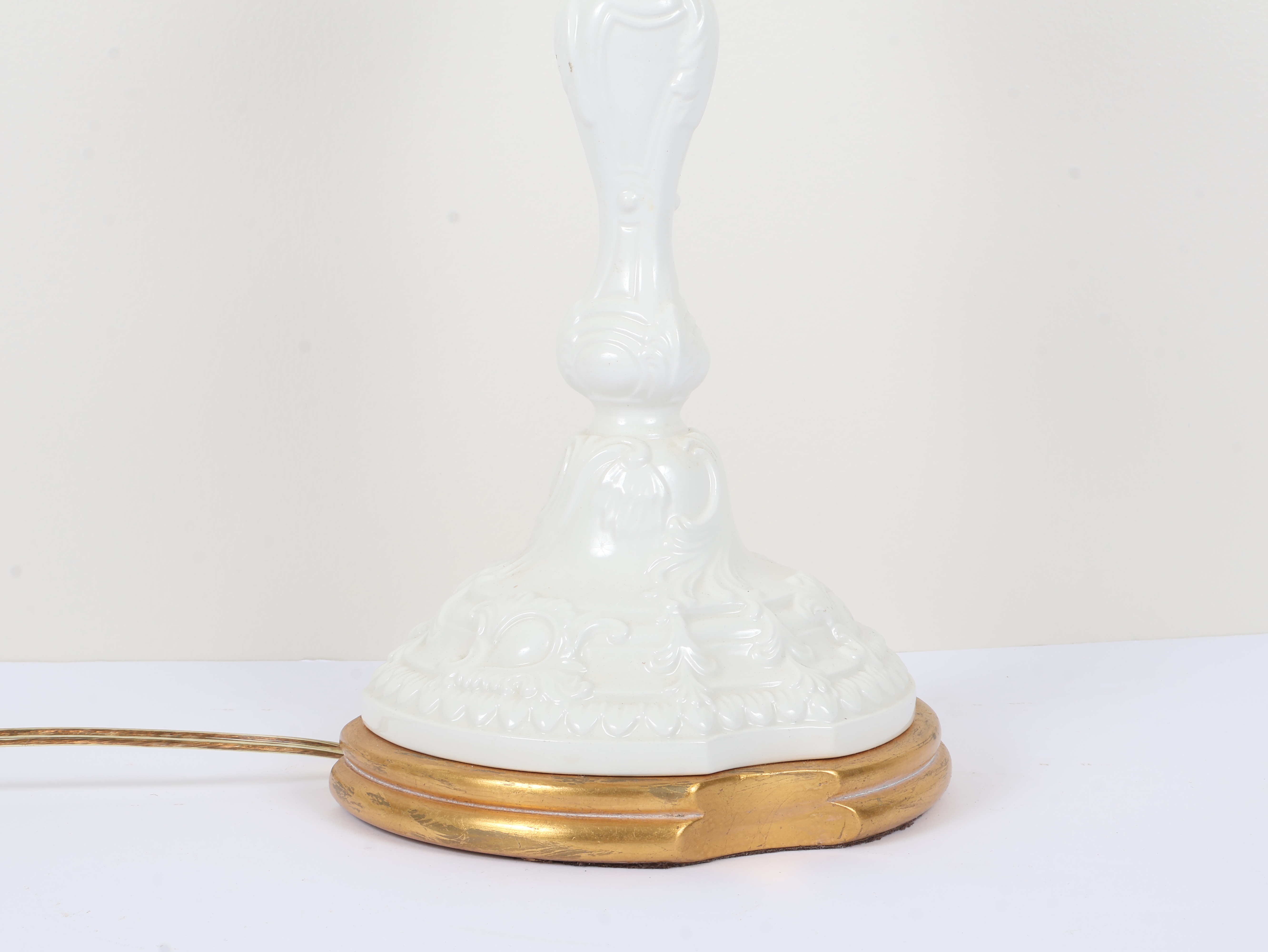 Ornate White Glazed Ceramic Table Lamp with Gilded Base