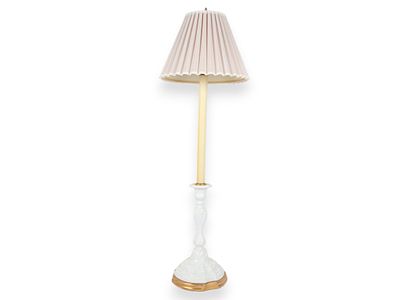Ornate White Glazed Ceramic Table Lamp with Gilded Base. A tall table lamp featuring an ornate 