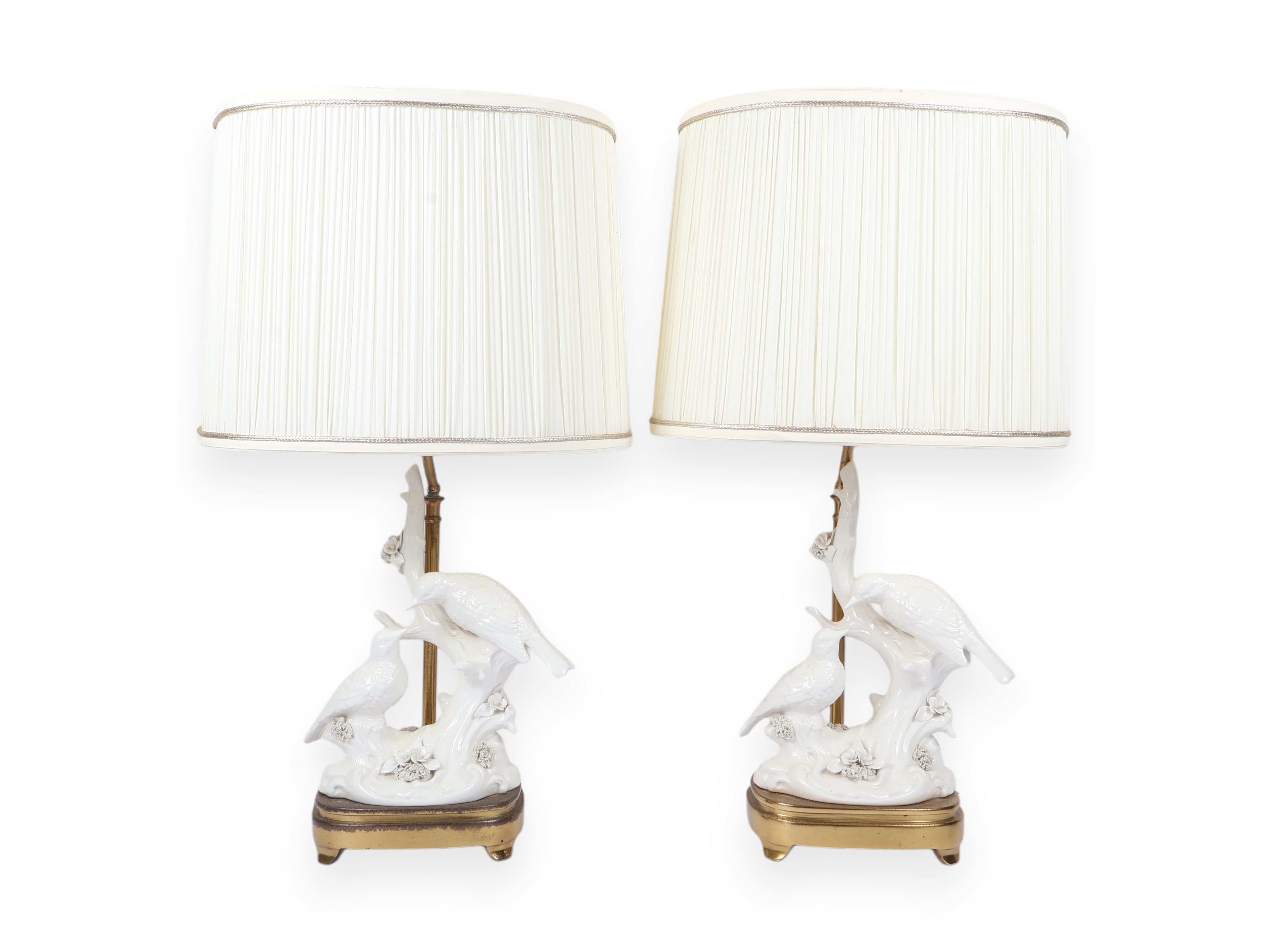 A Pair of White Glazed Porcelain Bird-Form Table Lamps