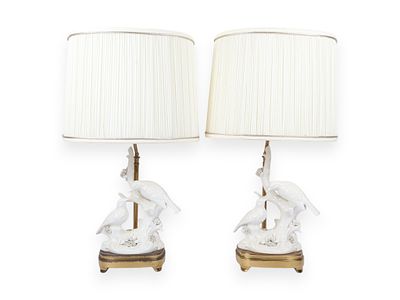 A Pair of White Glazed Porcelain Bird-Form Table Lamps. A pair of matching table lamps featuring 