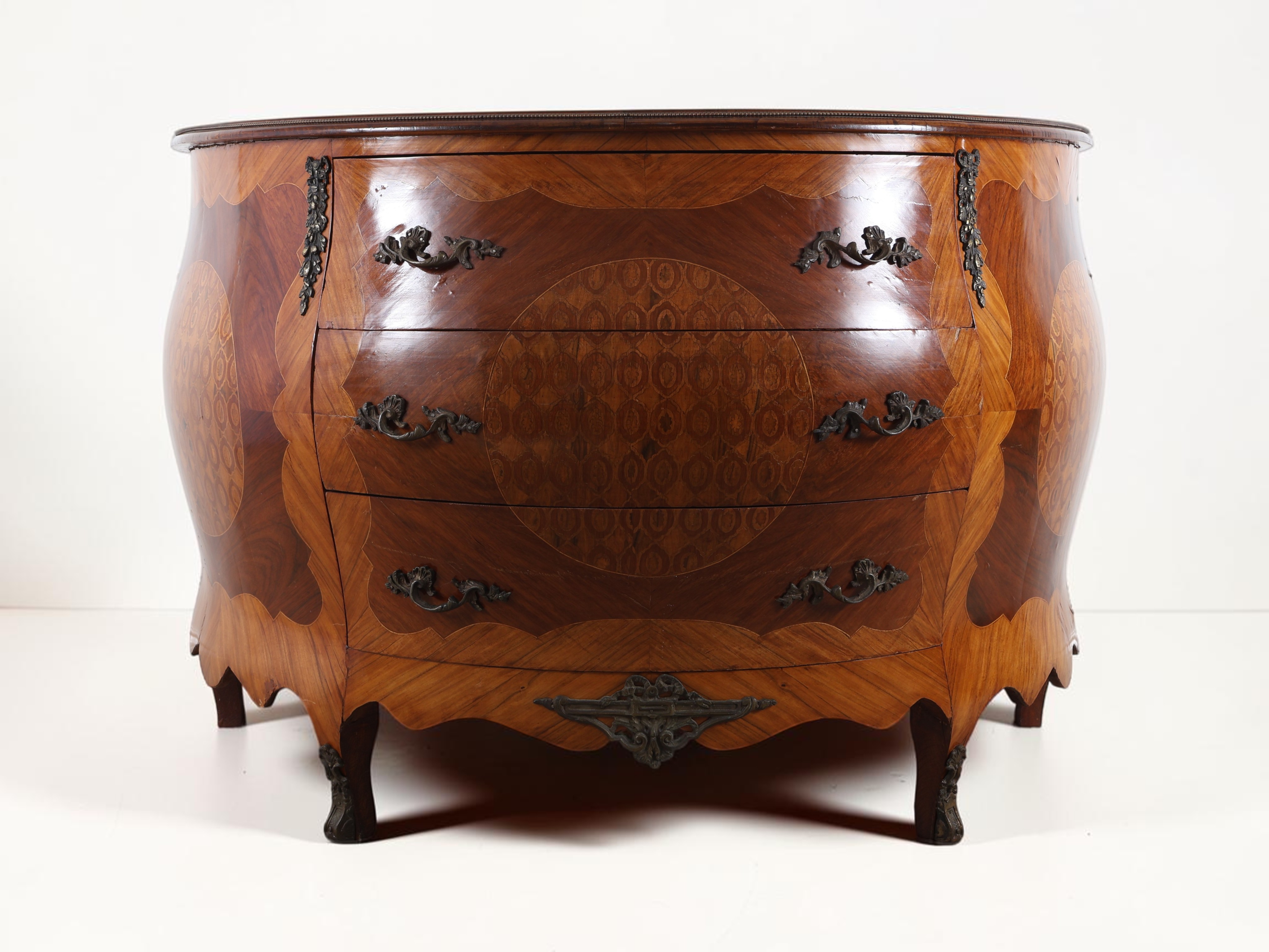 A Louis XV Style Marquetry Bombé Commode