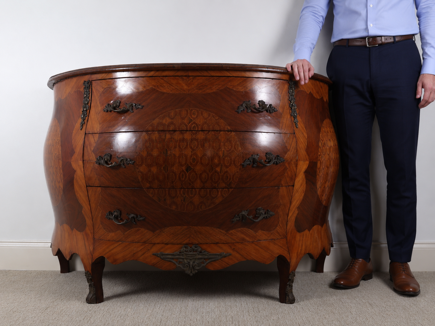 A Louis XV Style Marquetry Bombé Commode