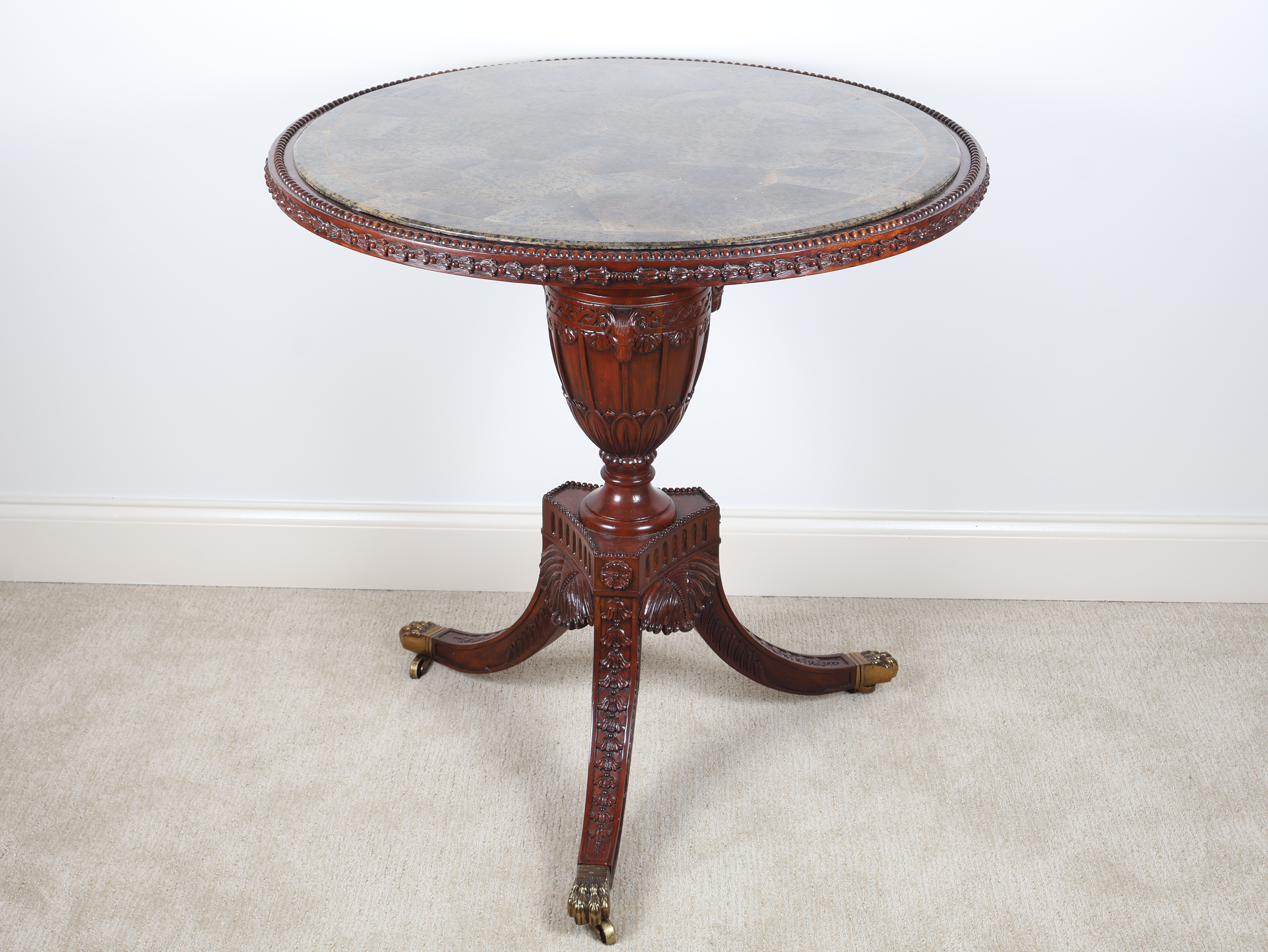Regency Style Carved Mahogany Center Table with Inset Stone Top