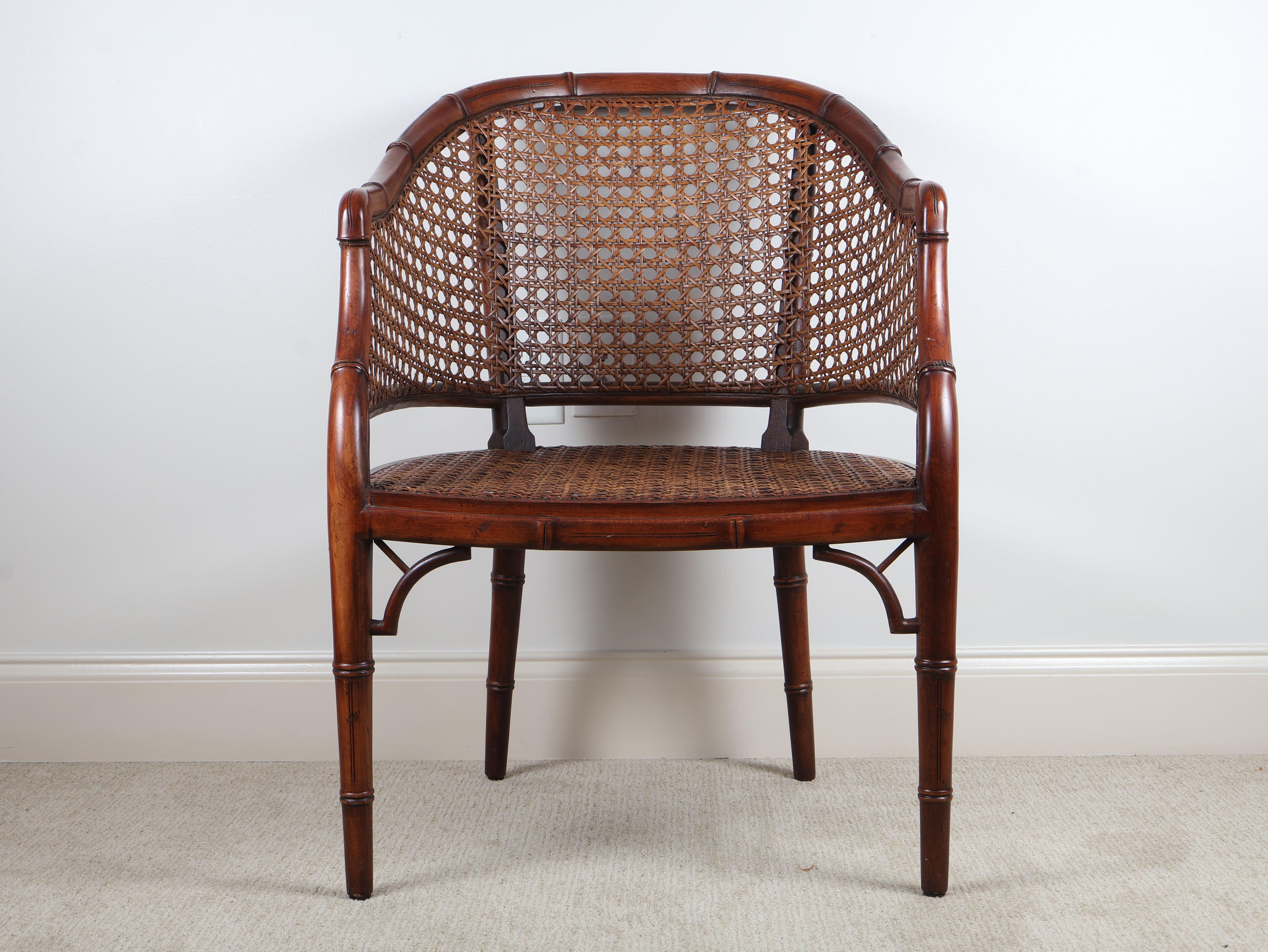 Chinoiserie Style Faux Bamboo and Cane Tub Armchair