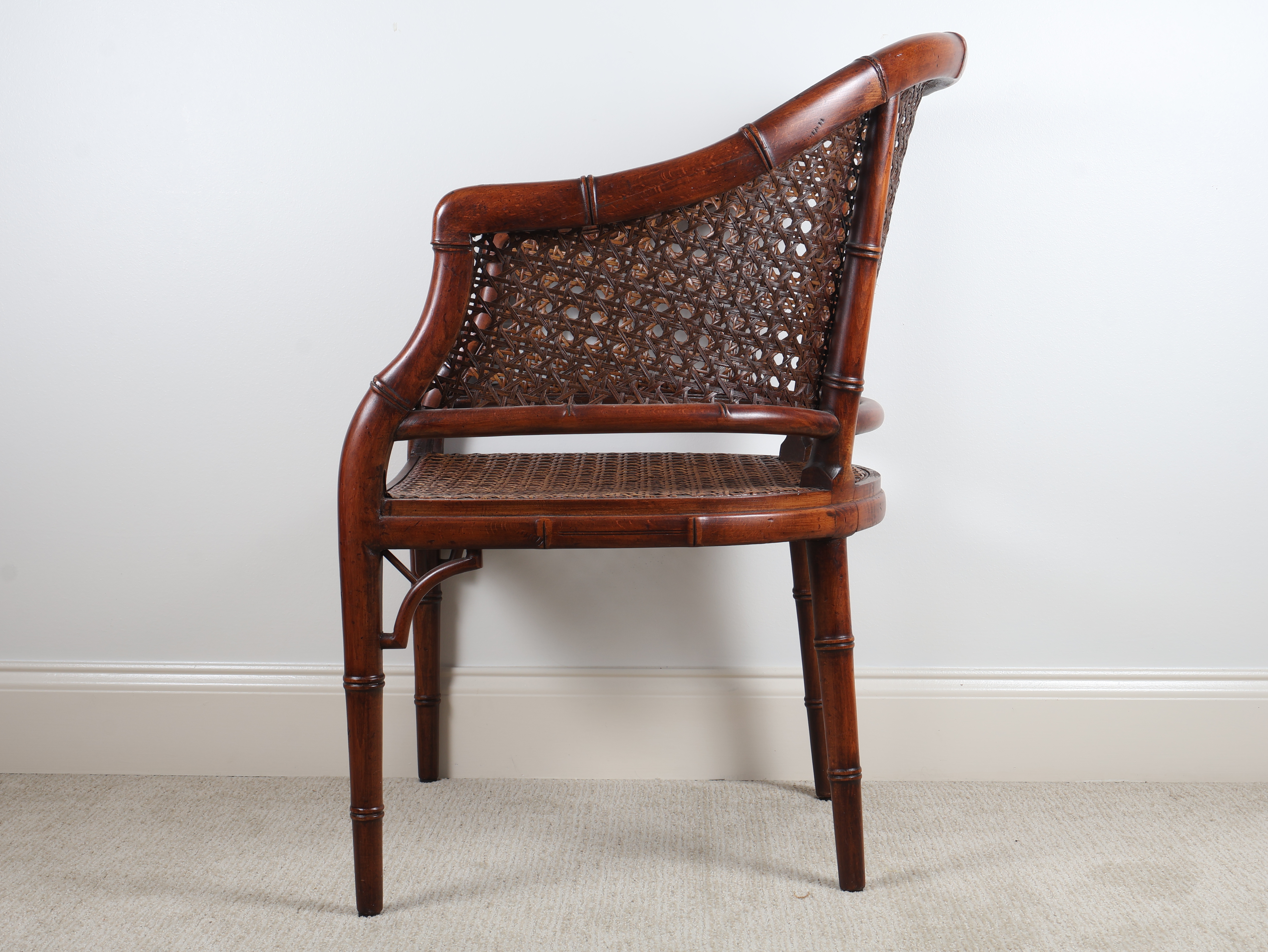 Chinoiserie Style Faux Bamboo and Cane Tub Armchair