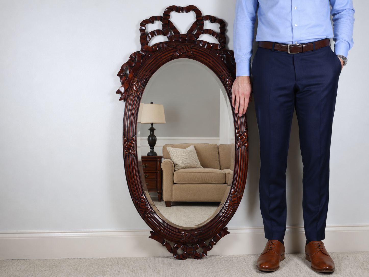 LaBarge Chippendale Style Carved Ribbon and Bow Motif Oval Wall Mirror