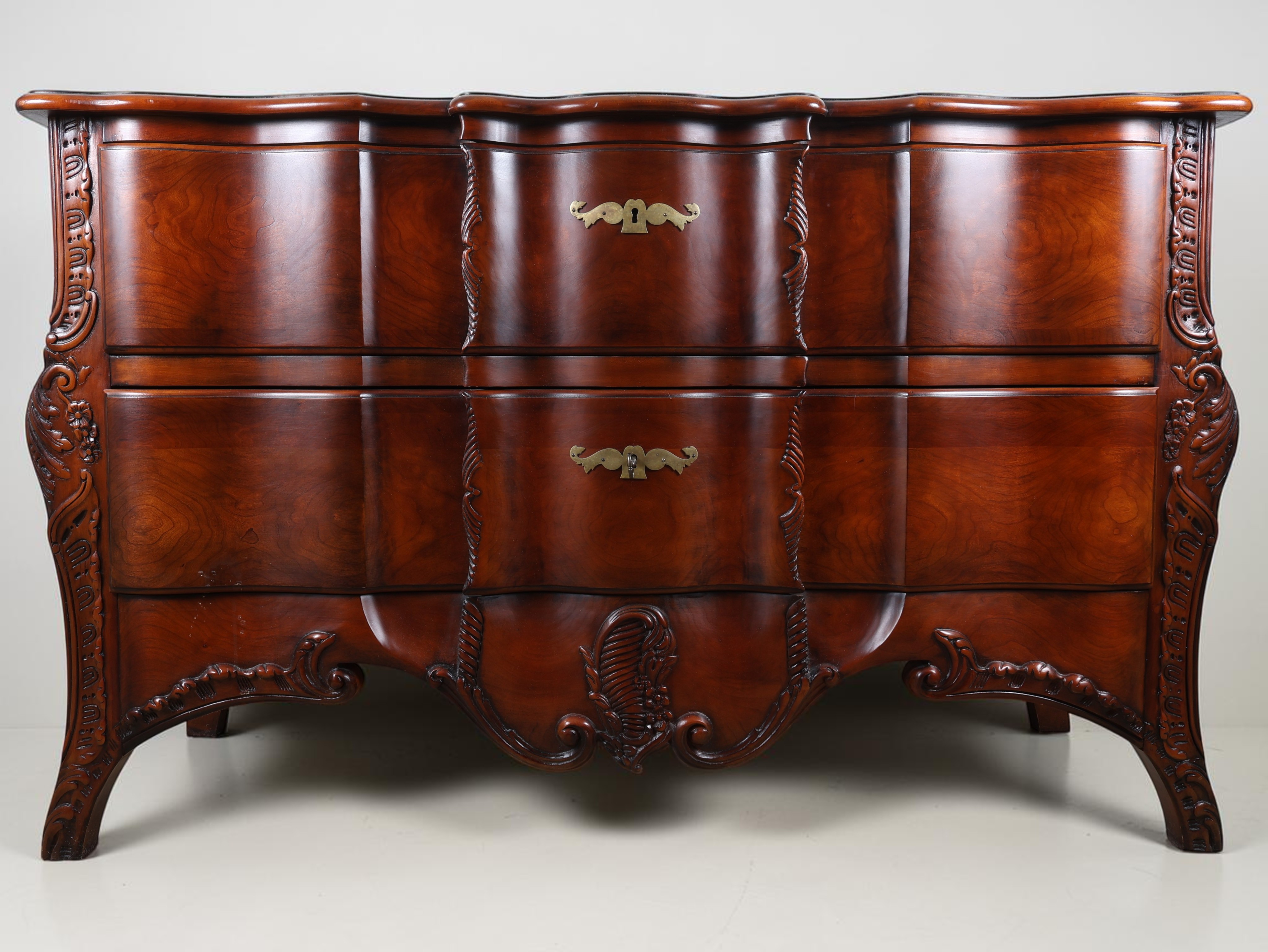 John Widdicomb French Louis XV Style Carved Cherry and Walnut Burl Commode