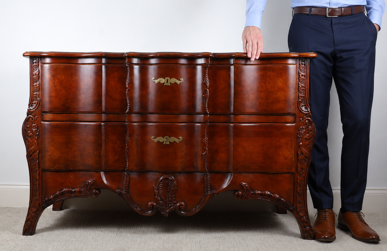 John Widdicomb French Louis XV Style Carved Cherry and Walnut Burl Commode