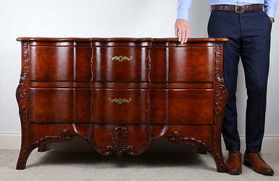 John Widdicomb French Louis XV Style Carved Cherry and Walnut Burl Commode. This large 