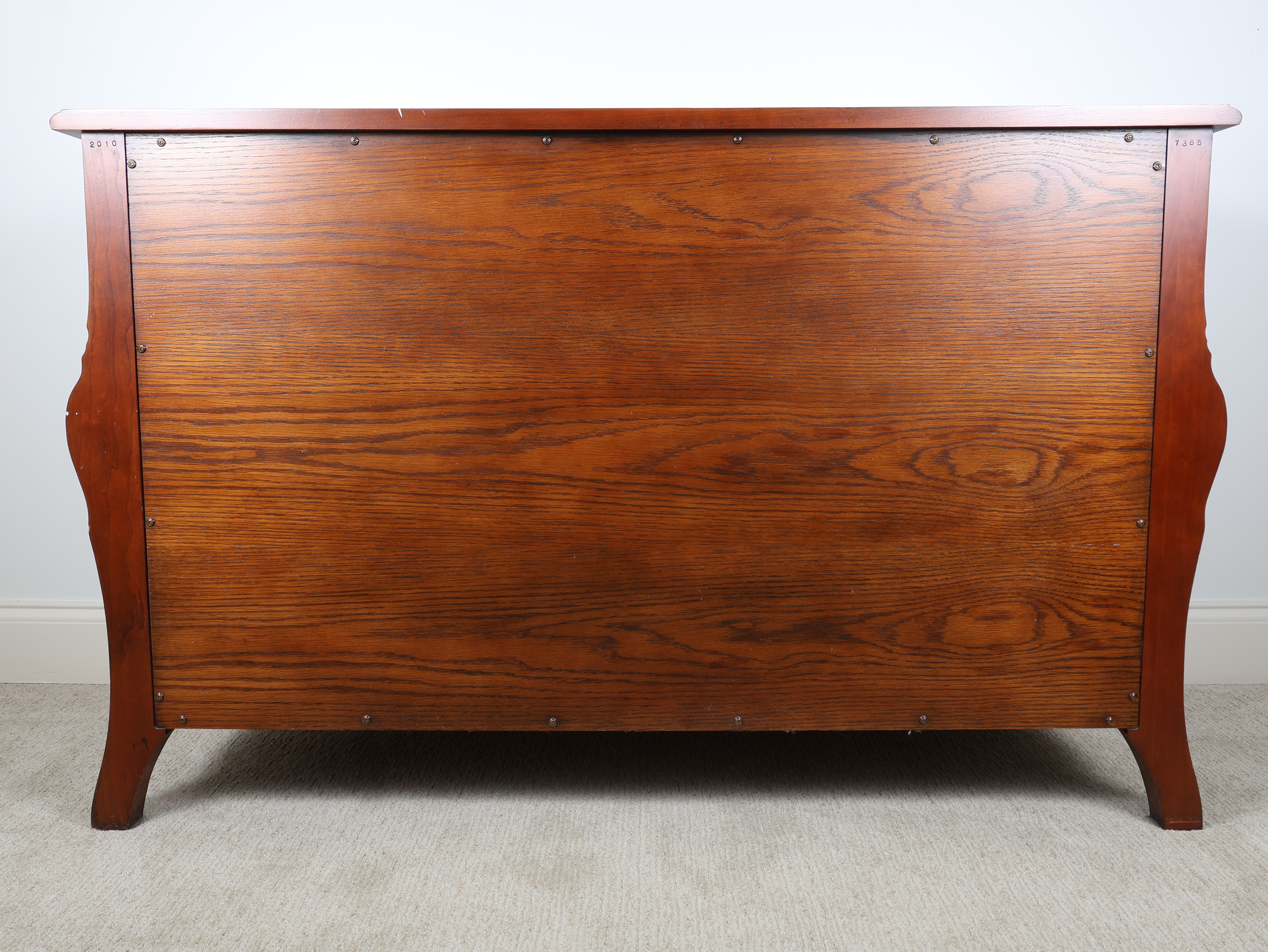 John Widdicomb French Louis XV Style Carved Cherry and Walnut Burl Commode