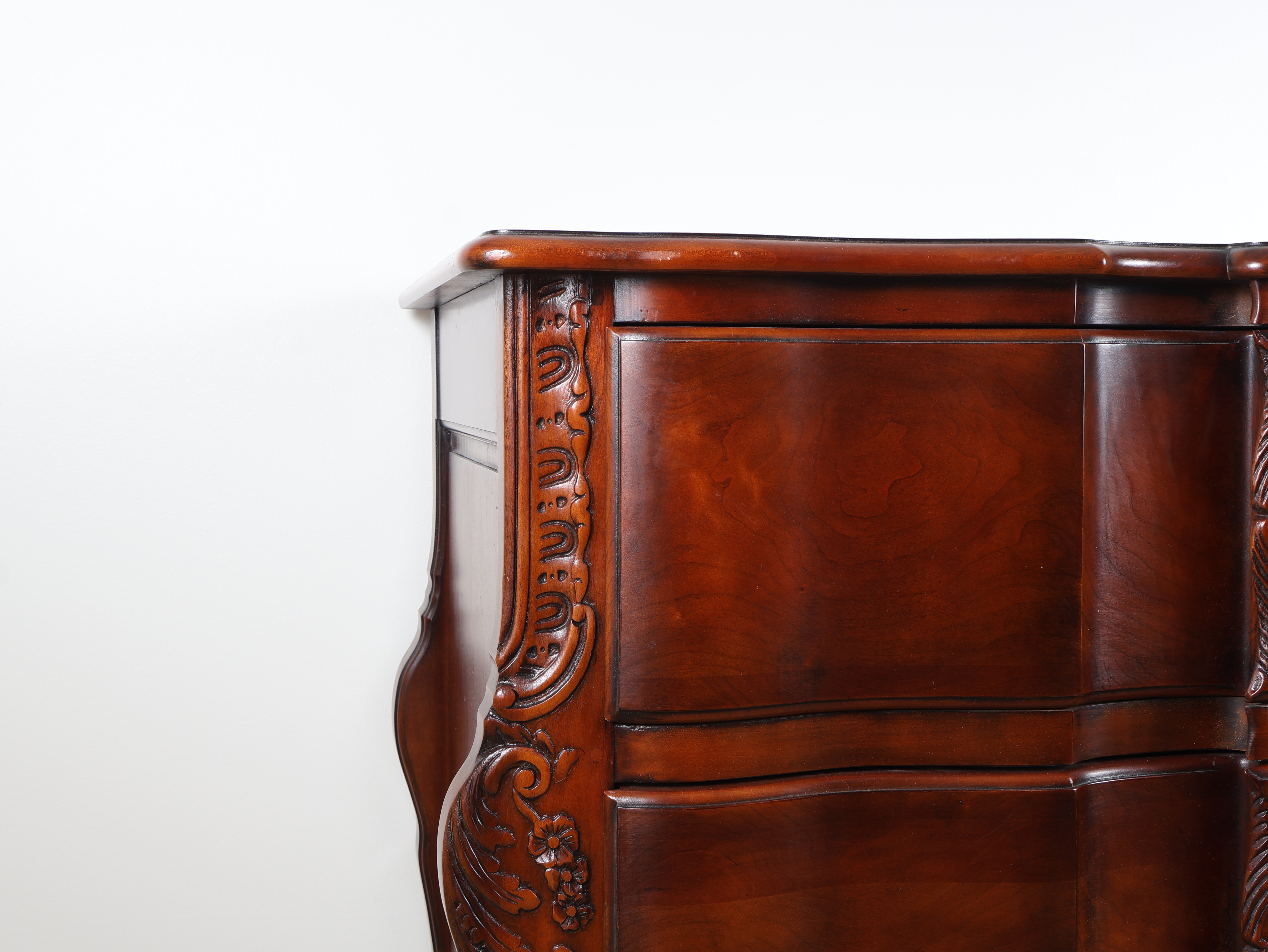 John Widdicomb French Louis XV Style Carved Cherry and Walnut Burl Commode