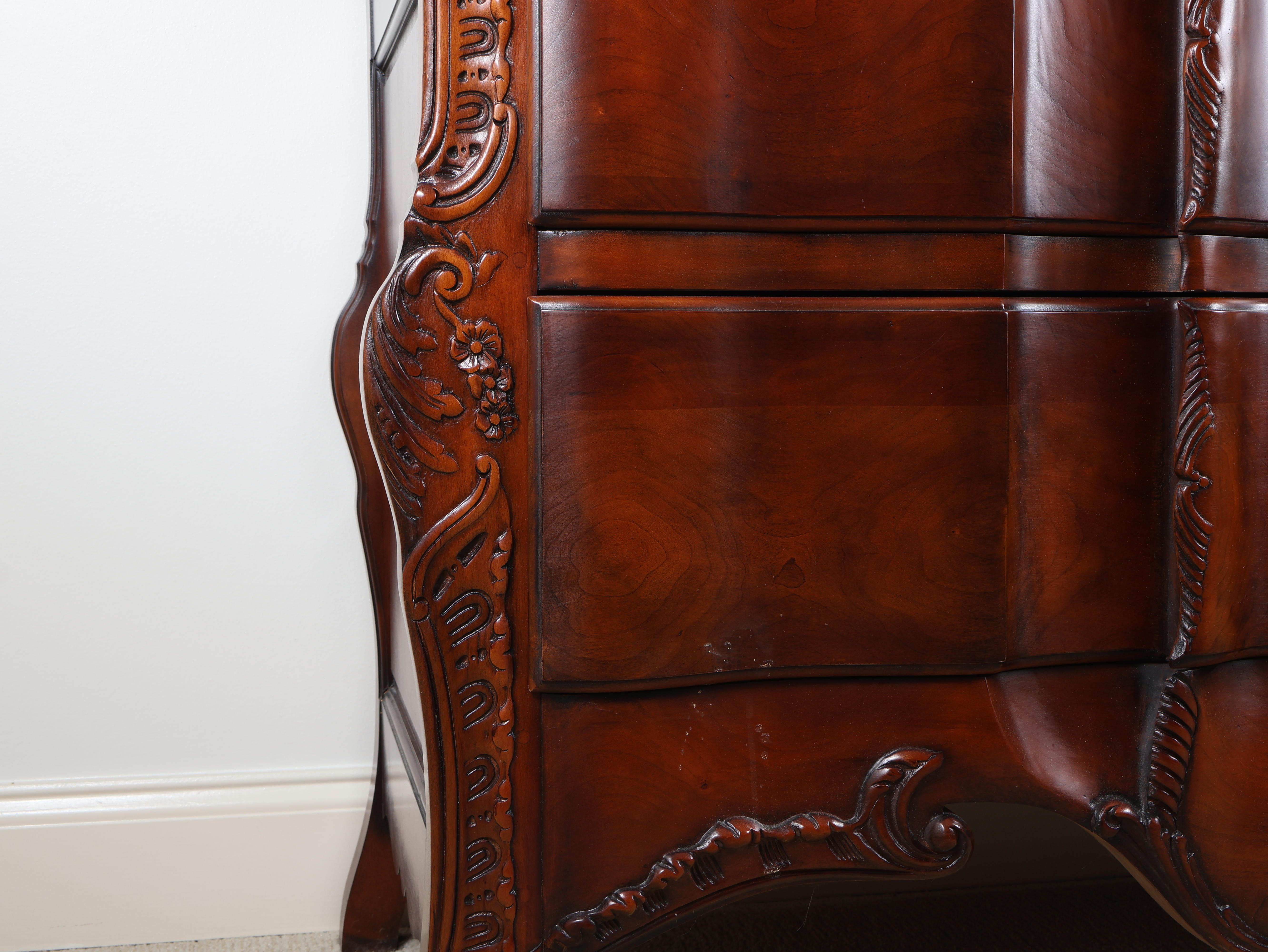 John Widdicomb French Louis XV Style Carved Cherry and Walnut Burl Commode