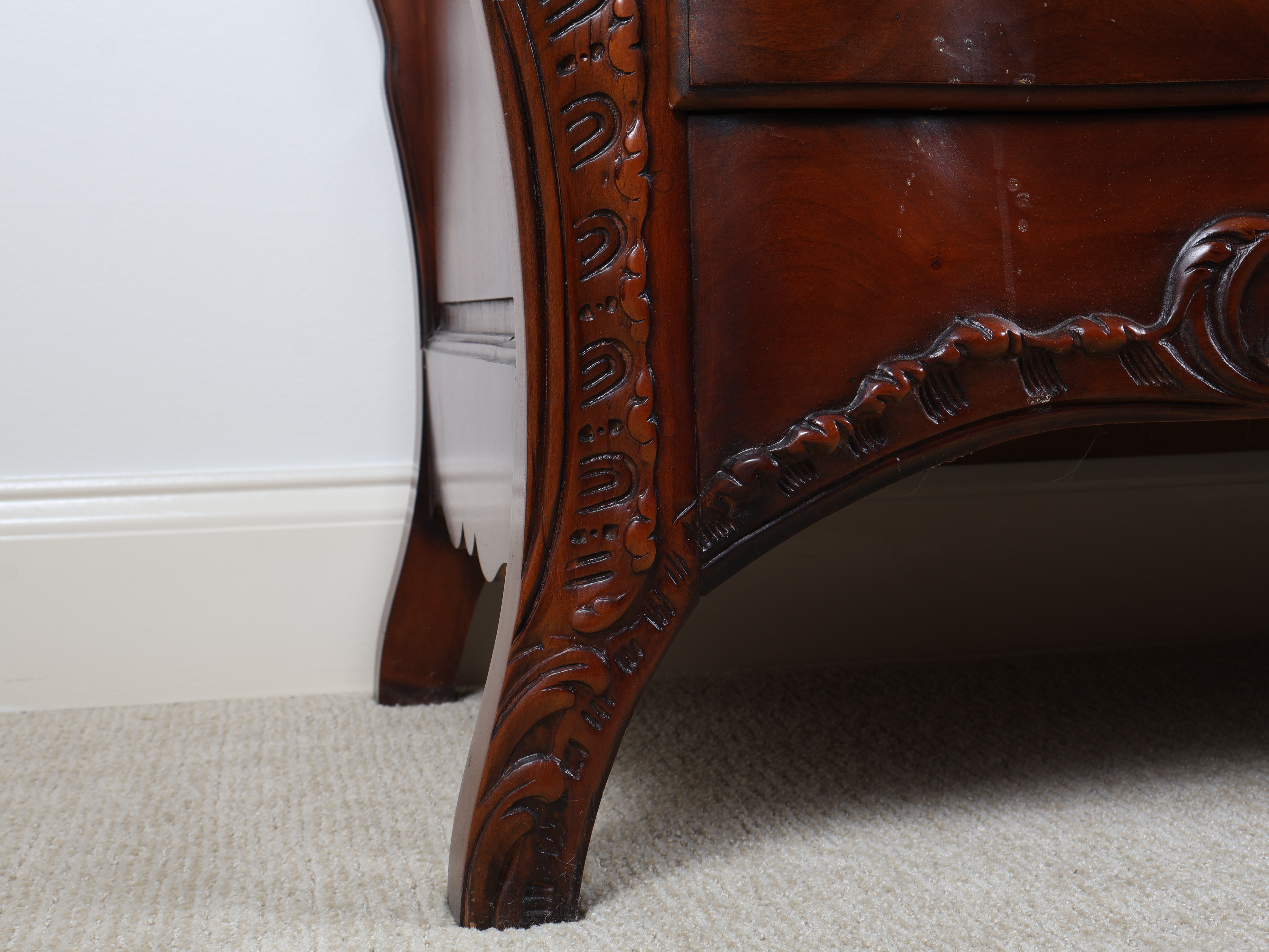John Widdicomb French Louis XV Style Carved Cherry and Walnut Burl Commode