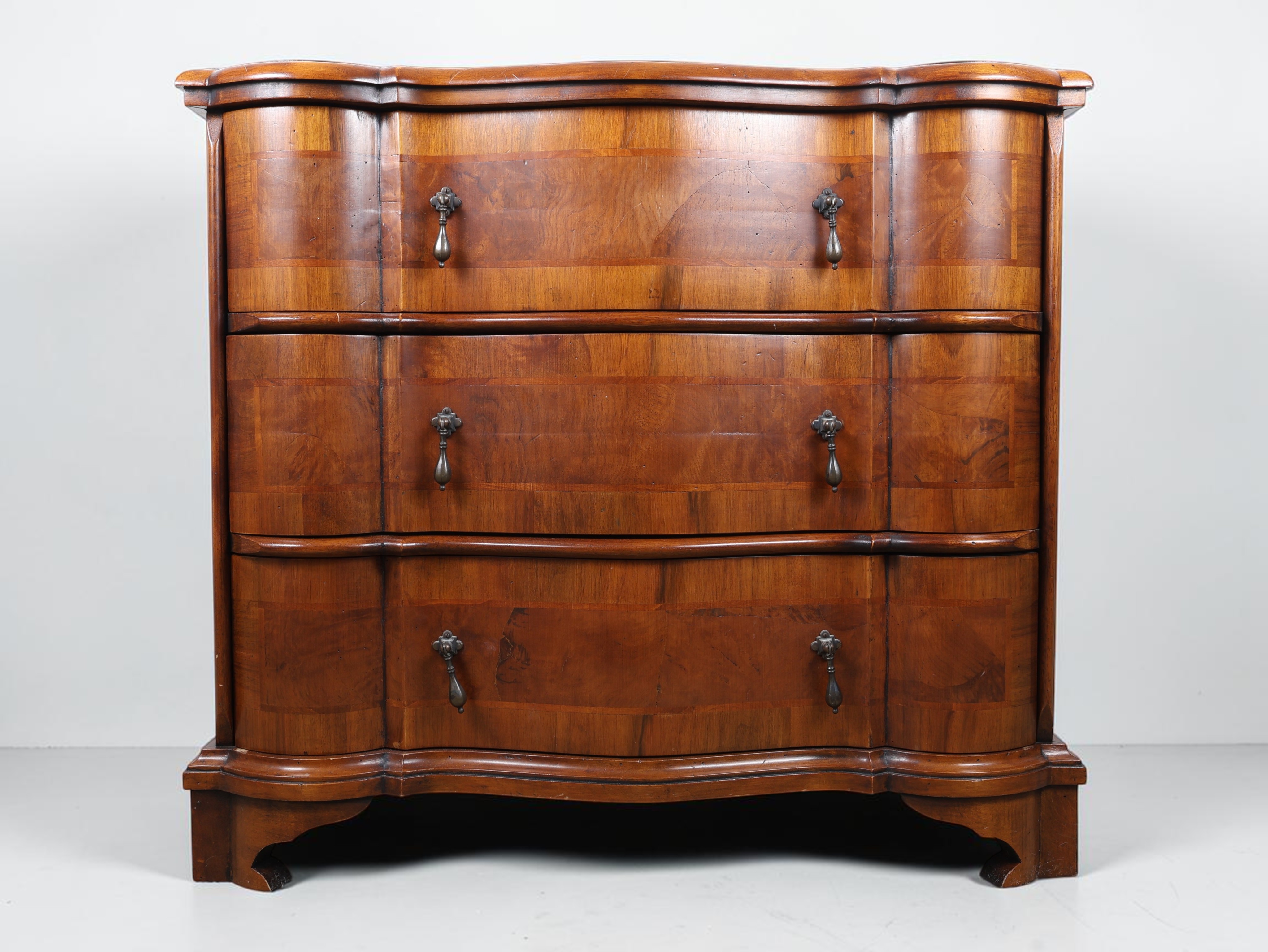 Trouvailles Continental Style Serpentine Burl Walnut Veneer Three Drawer Chest