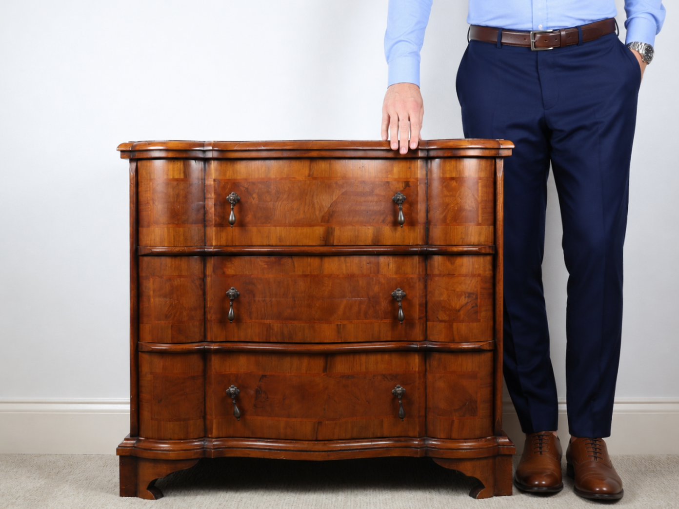 Trouvailles Continental Style Serpentine Burl Walnut Veneer Three Drawer Chest