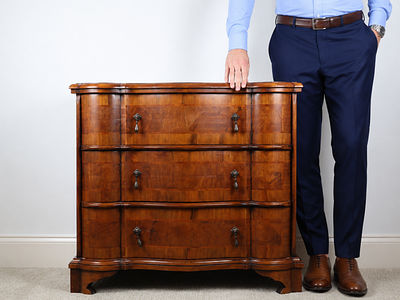 Trouvailles Continental Style Serpentine Burl Walnut Veneer Three Drawer Chest. A 20th-century 