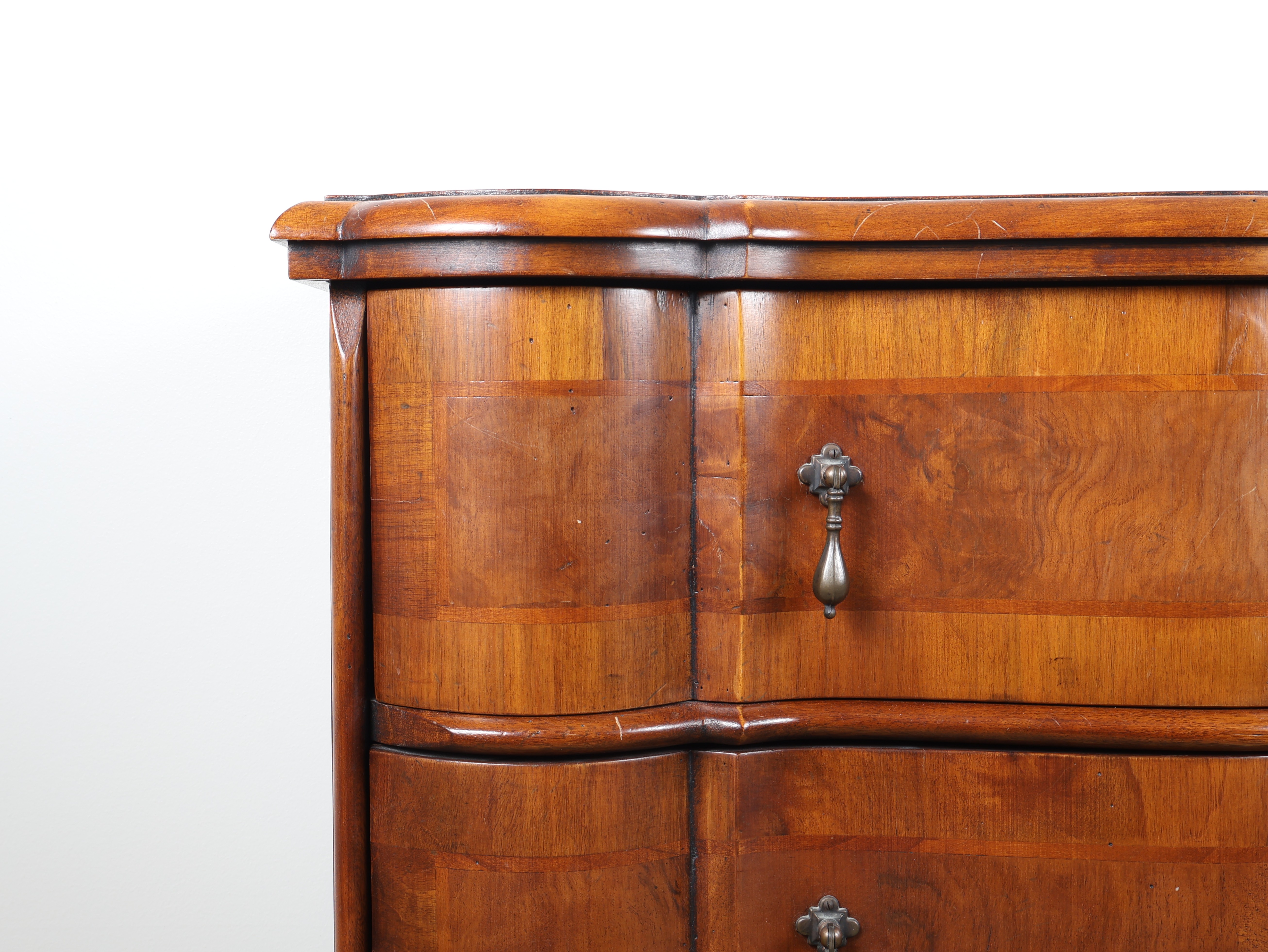 Trouvailles Continental Style Serpentine Burl Walnut Veneer Three Drawer Chest