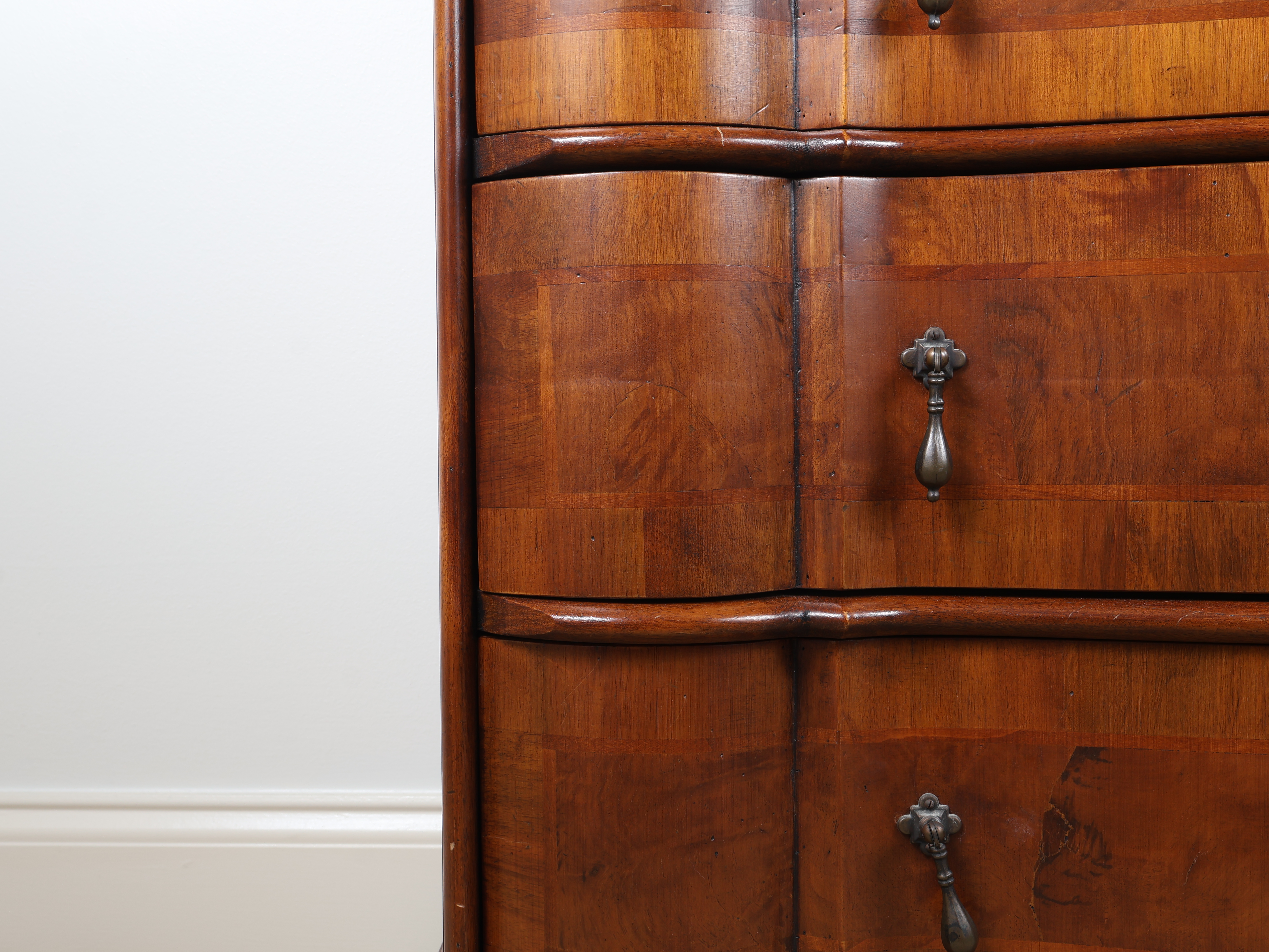 Trouvailles Continental Style Serpentine Burl Walnut Veneer Three Drawer Chest