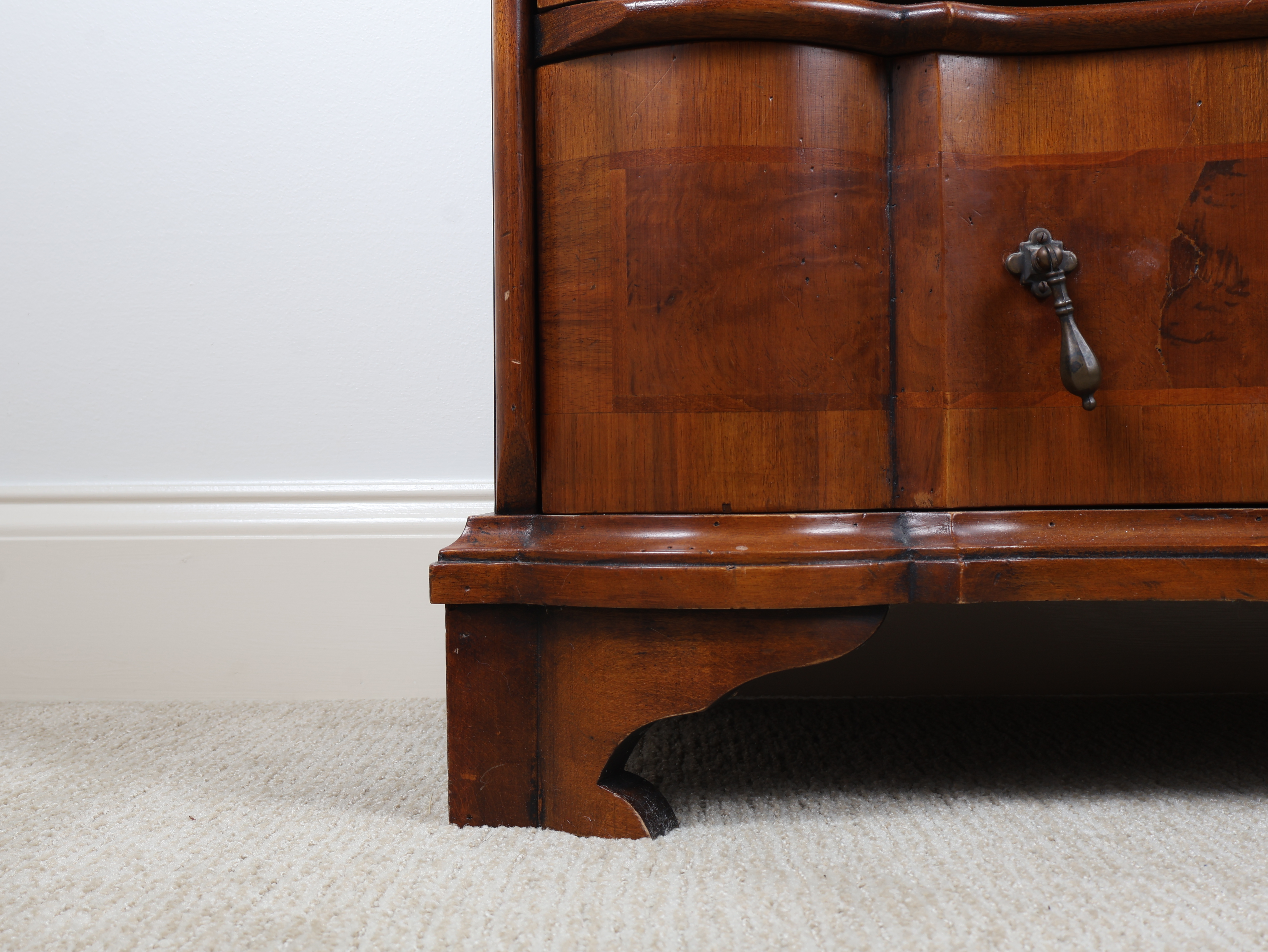 Trouvailles Continental Style Serpentine Burl Walnut Veneer Three Drawer Chest