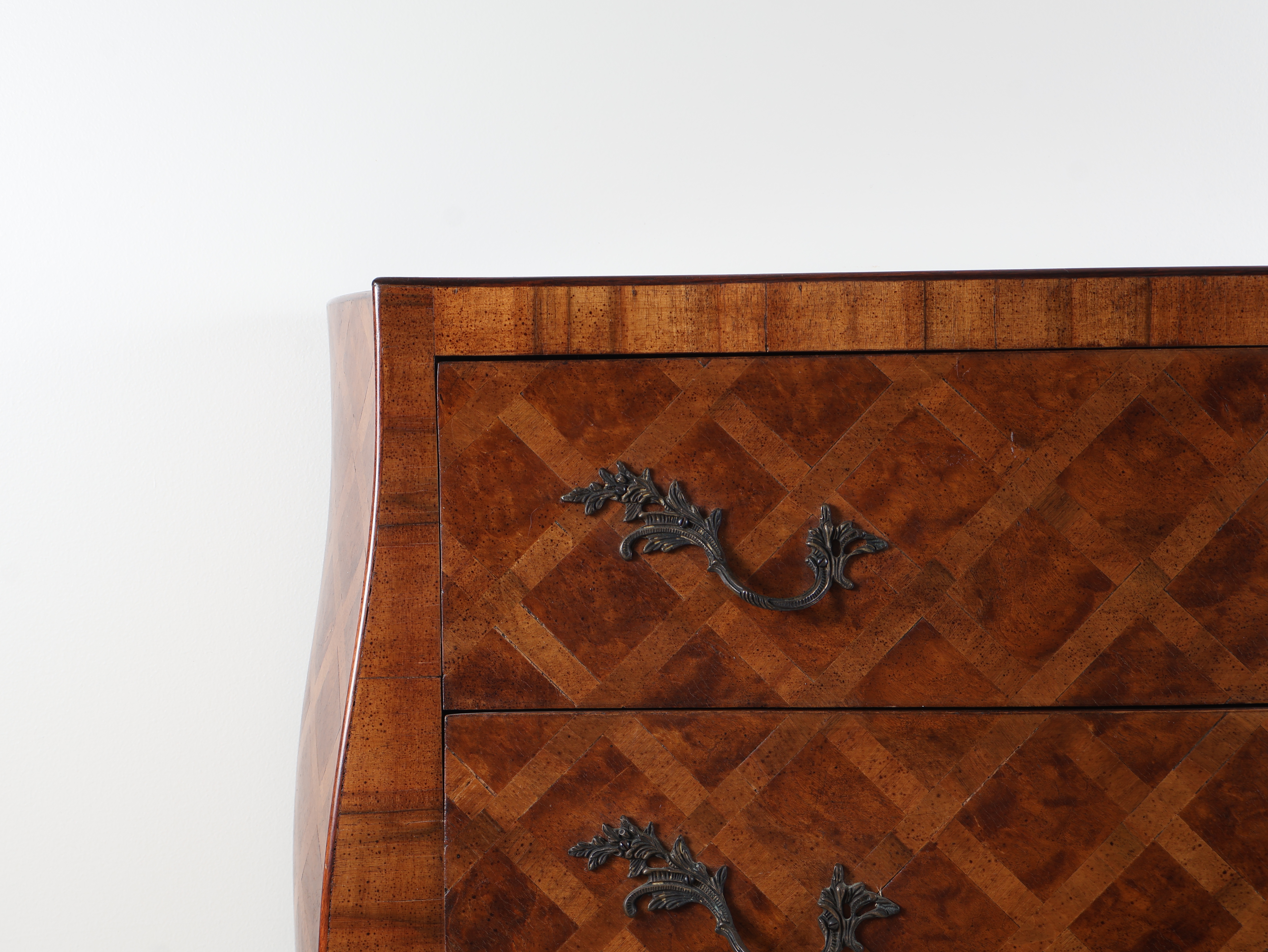Louis XV Style Burl Walnut Parquetry Bombe Commode