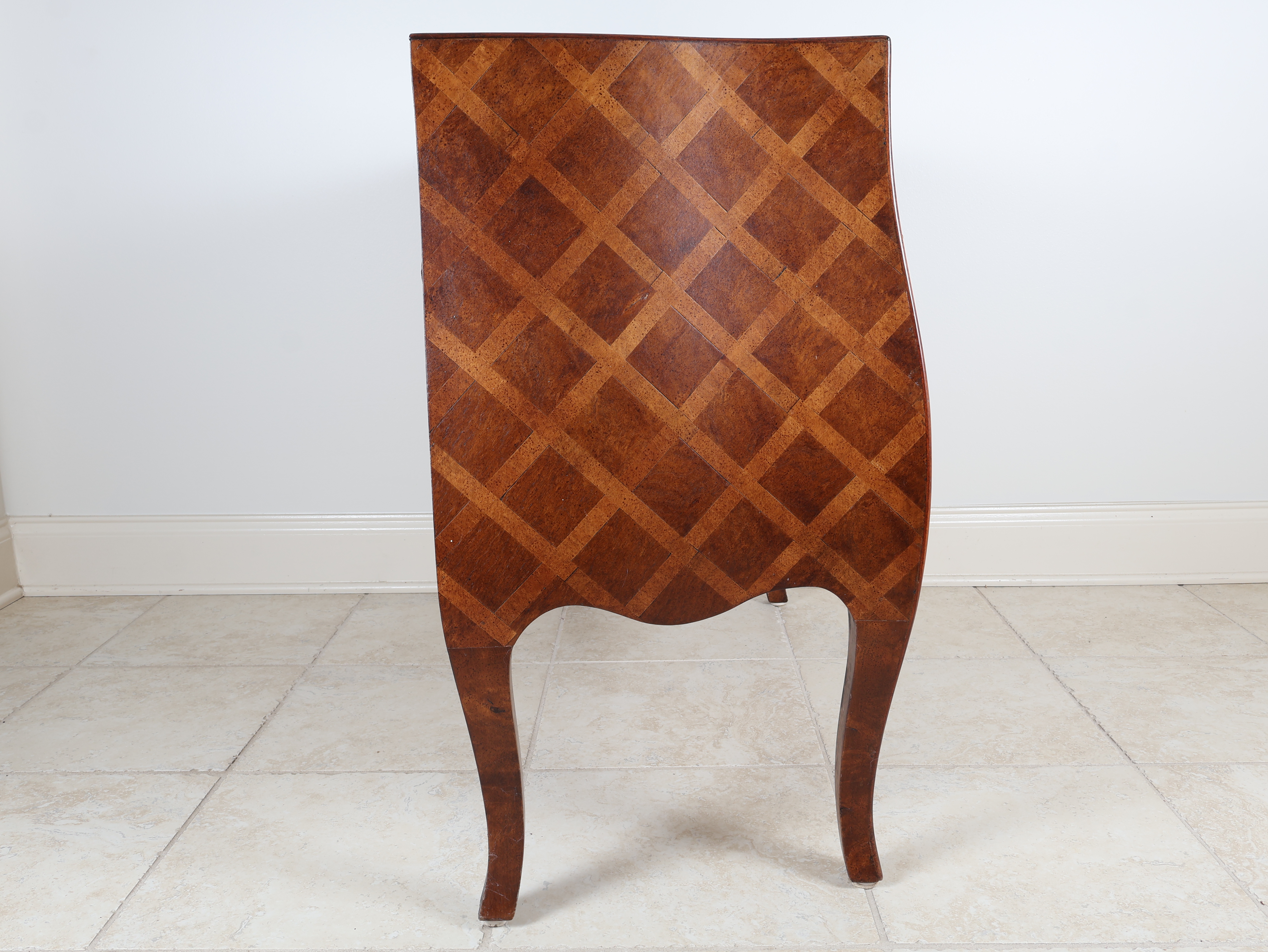 Louis XV Style Burl Walnut Parquetry Bombe Commode