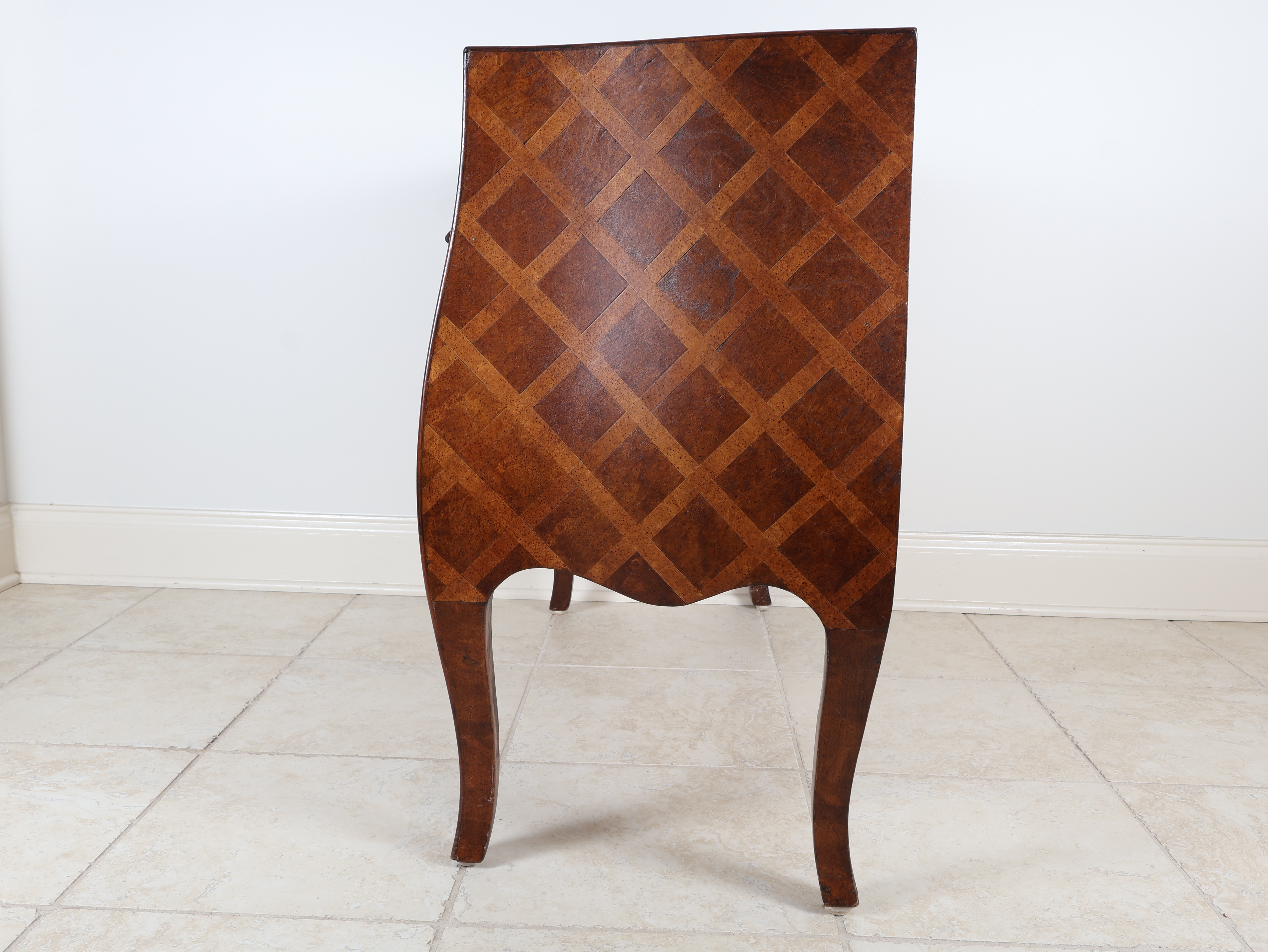 Louis XV Style Burl Walnut Parquetry Bombe Commode