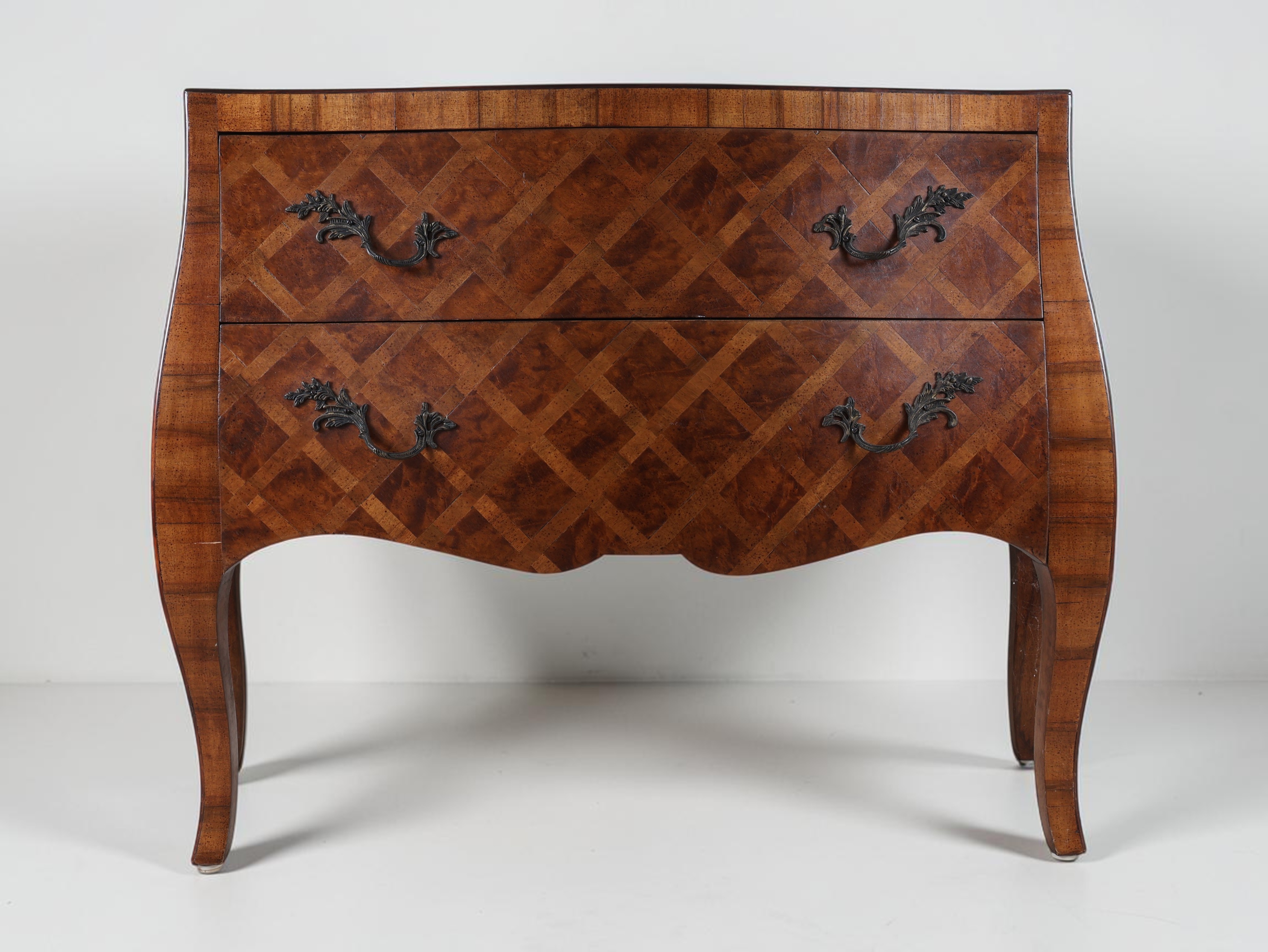 Louis XV Style Burl Walnut Parquetry Bombe Commode