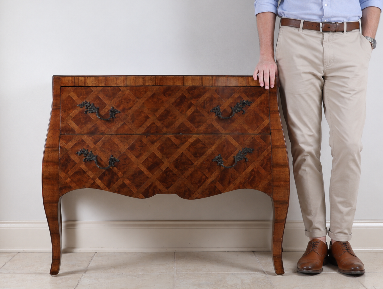 Louis XV Style Burl Walnut Parquetry Bombe Commode