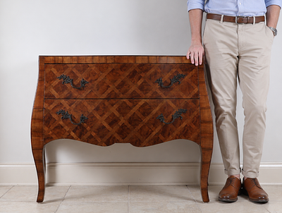 Louis XV Style Burl Walnut Parquetry Bombe Commode. This small two-drawer chest of drawers is 