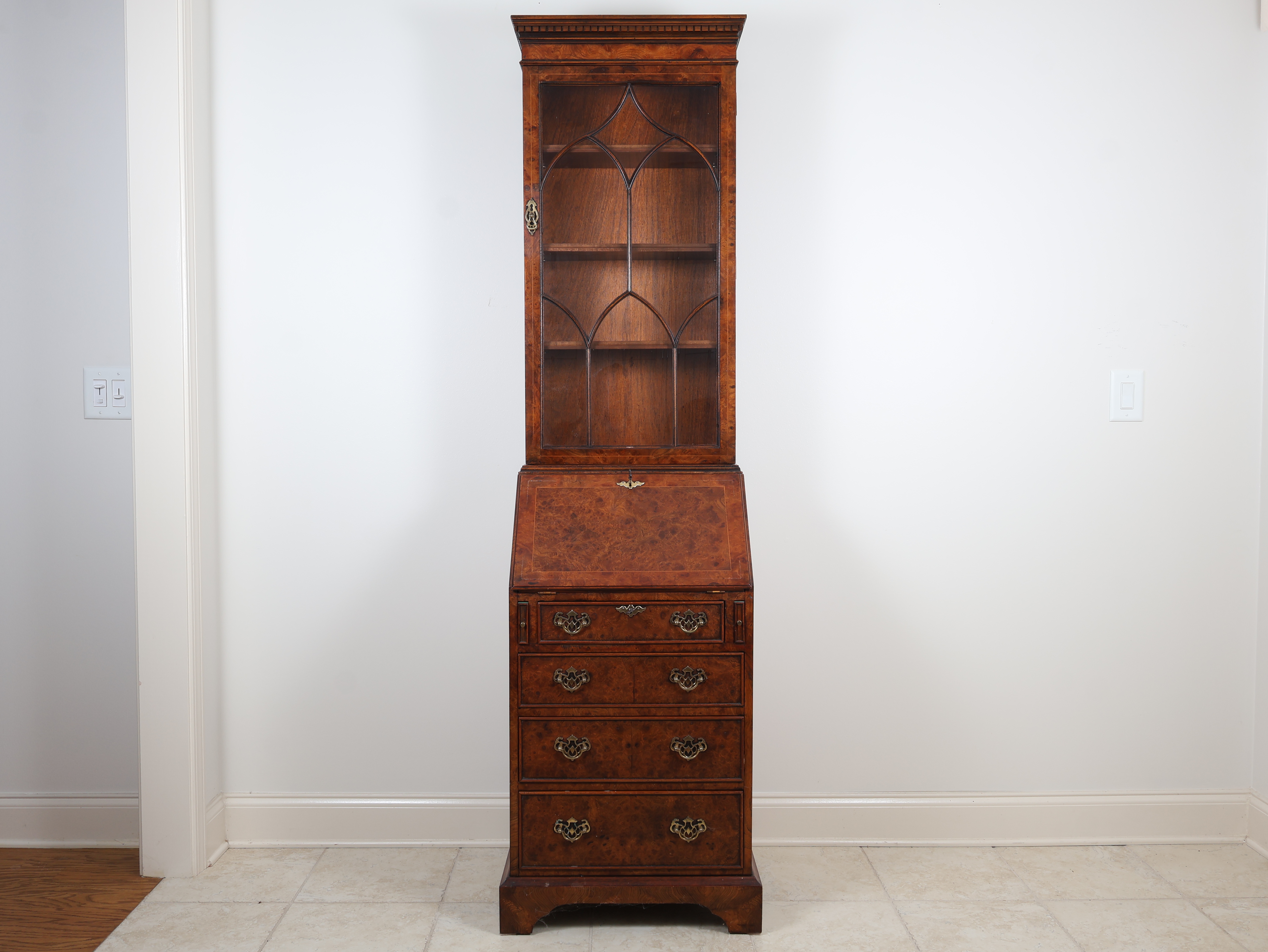 George III Style Narrow Burr Walnut Bureau Bookcase