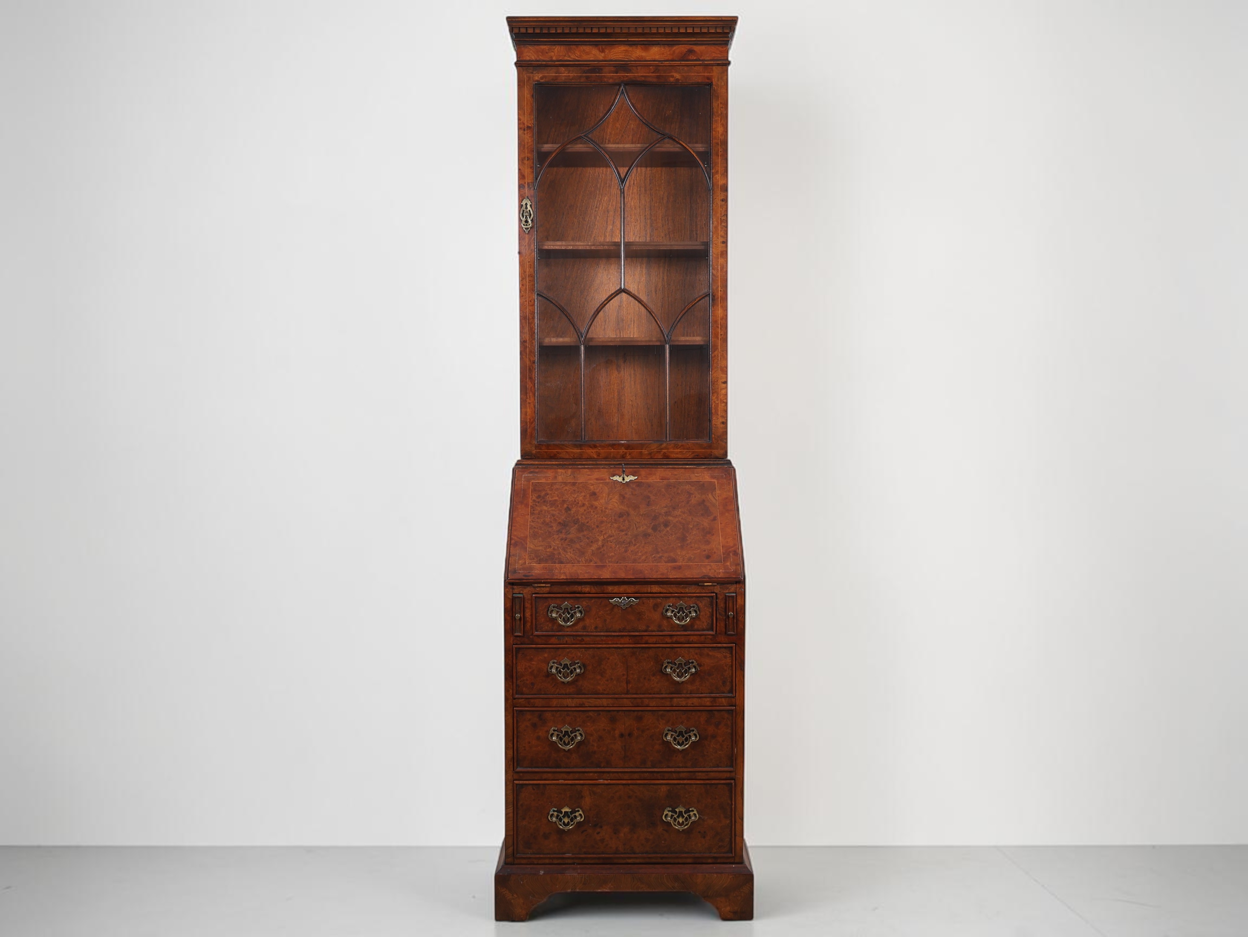 George III Style Narrow Burr Walnut Bureau Bookcase