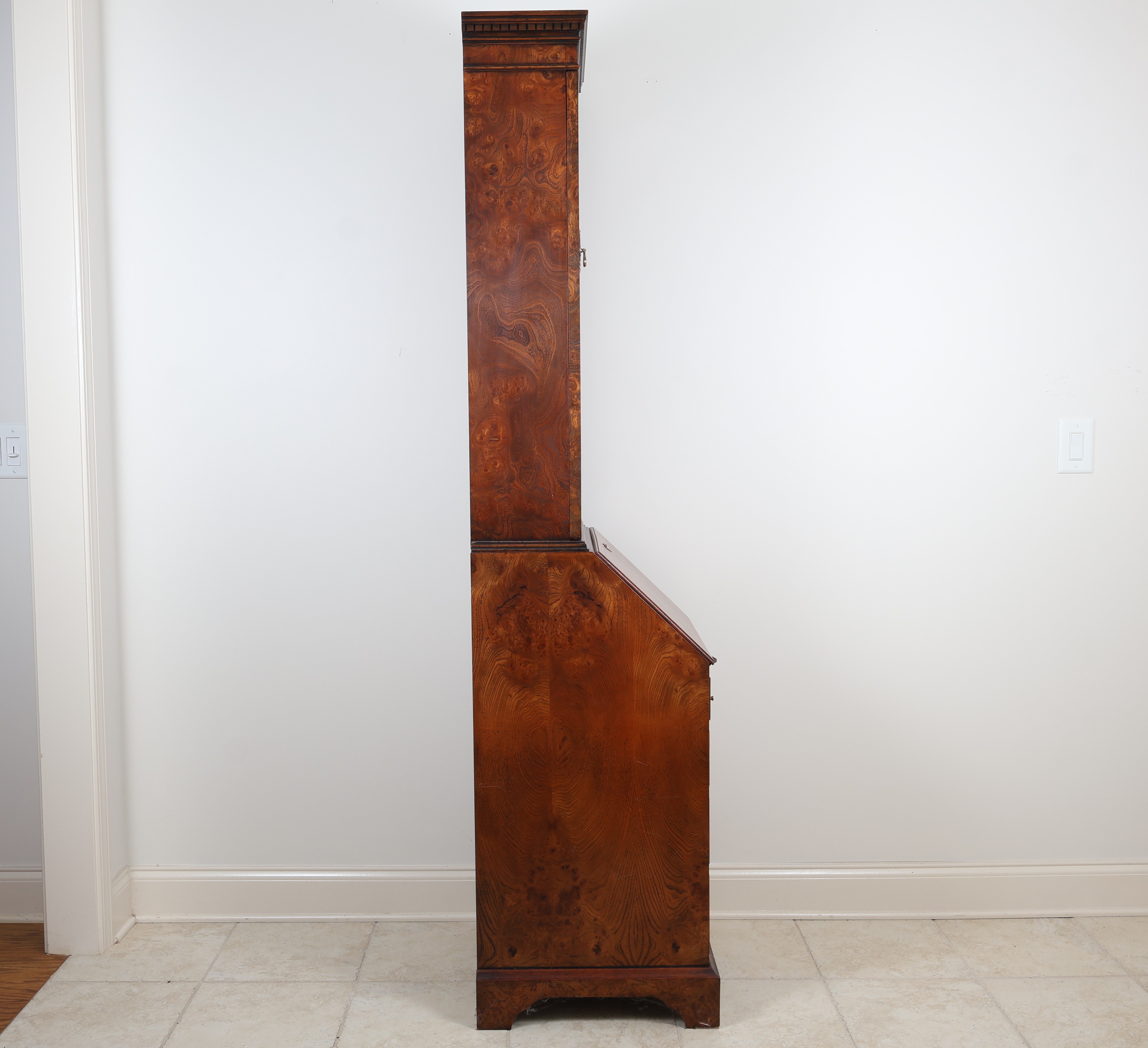 George III Style Narrow Burr Walnut Bureau Bookcase